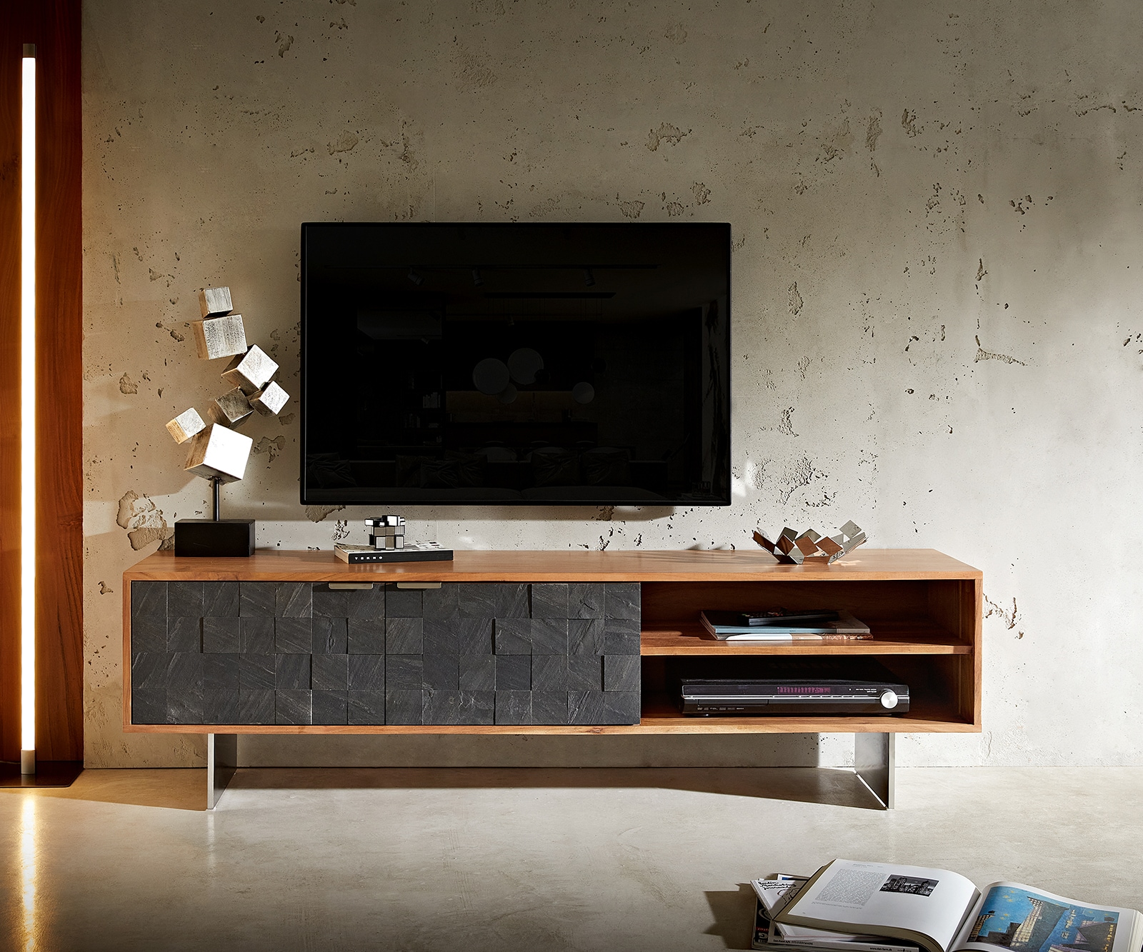 Lowboard Teele 160 cm Akazie Natur Schiefer 2 Türen Fuß schwebend Edelstahl 1 Lowboard Teele 160 cm Akazie Natur Schiefer 2 Türen Fuß schwebend Edelstahl 1