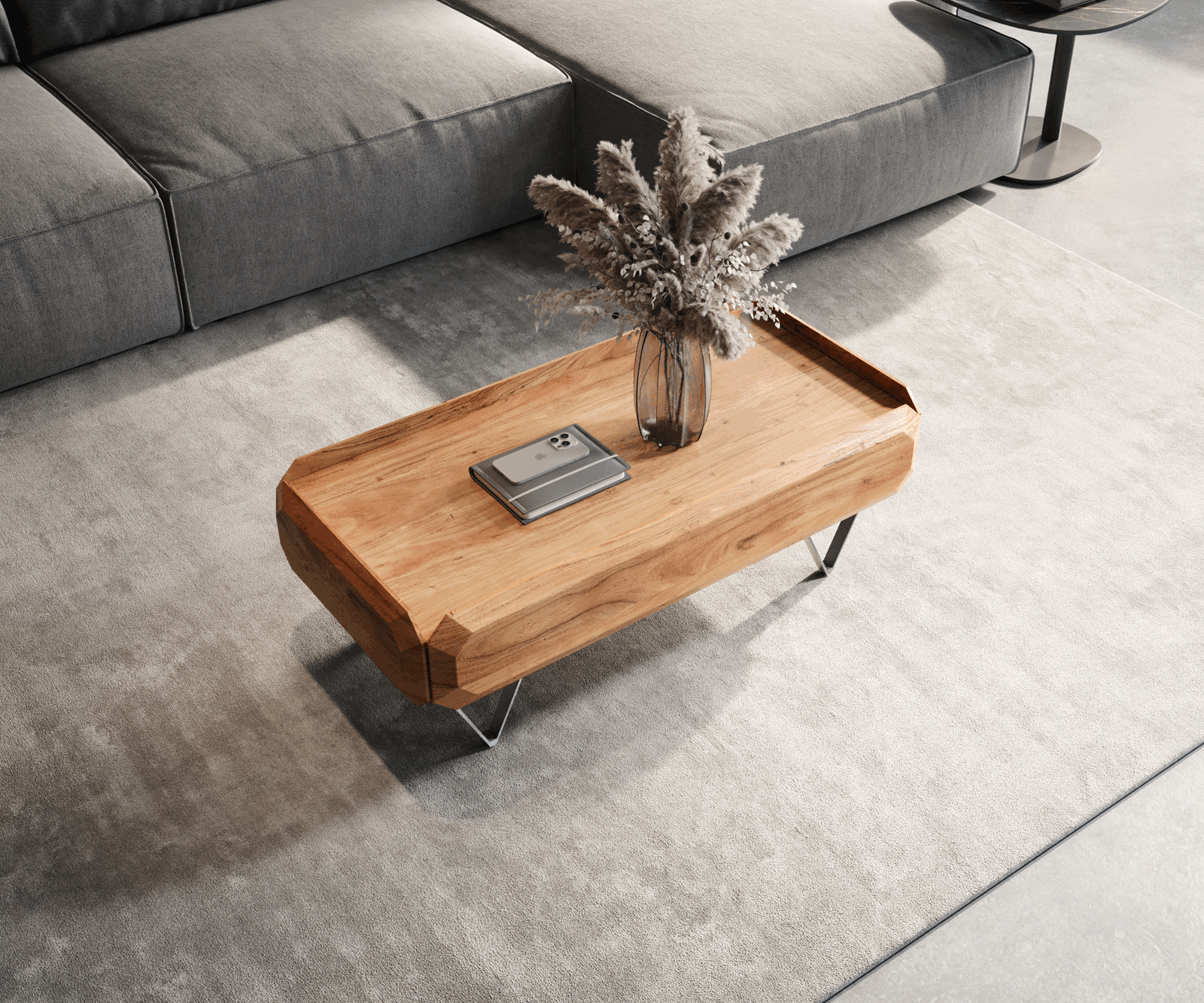 Table-basse Kiano 100x50 cm acacia naturel 2 tiroirs pied en V inoxydable 3