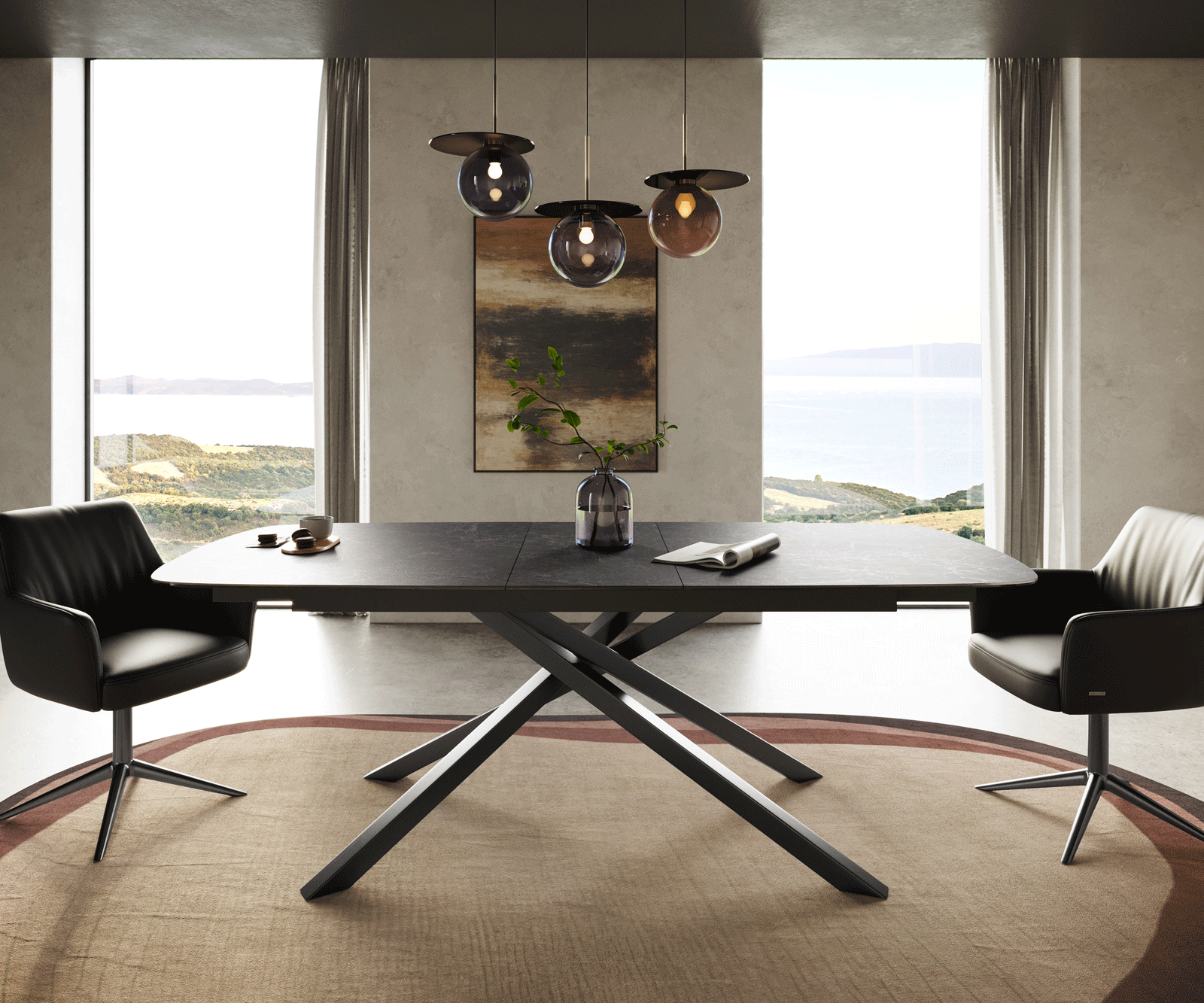 Esstisch Edge Boot 180-220x100 cm Keramik Laminam® Nero Greco Anthrazit Kreuzgestell Rechteck Edelstahl Graphit ausziehbar 1