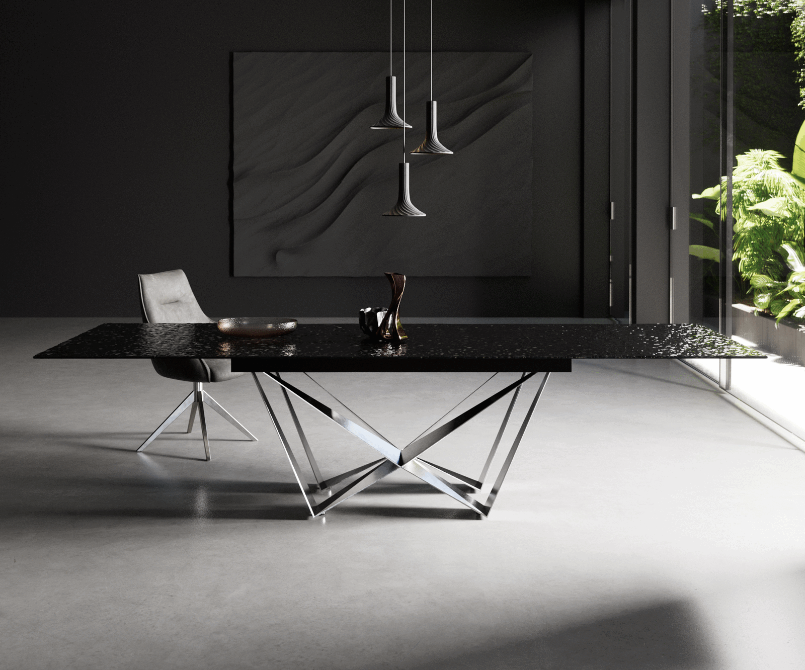 Esstisch Edge 200-300x100 Reliefglas Rauchschwarz 3D-Design Spider Flachstahl Edelstahl ausziehbar 1