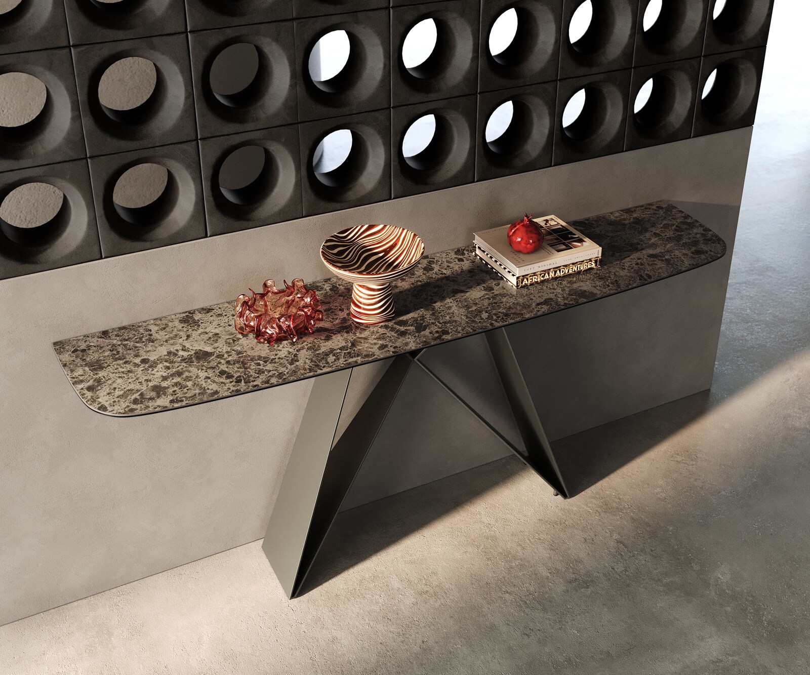 Console Edge forme bateau 180x40 cm Céramique Emperador Extra Lucidato Dunkelbraun Velio Métal Effektfinish Titan 1