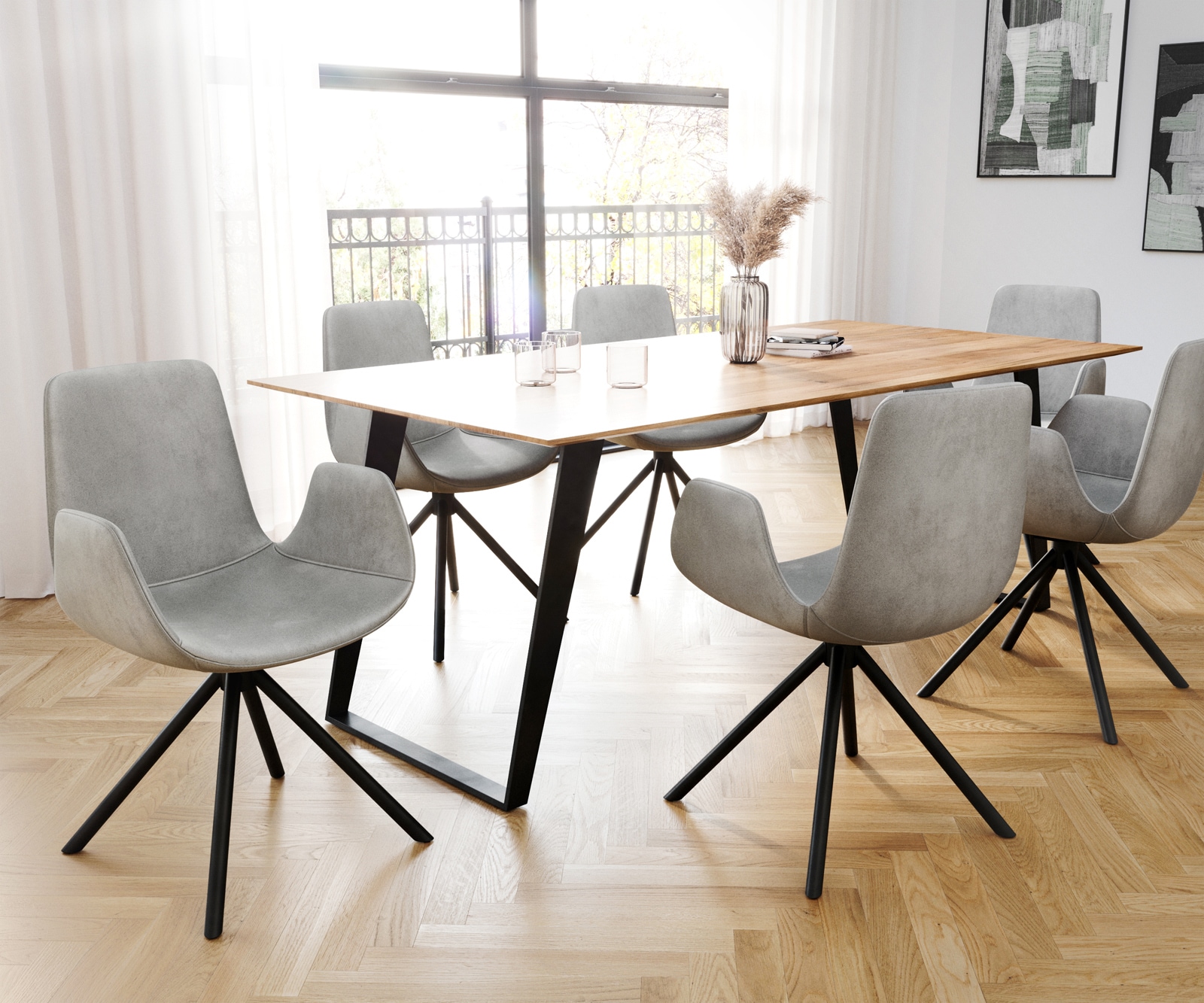 Esszimmerstuhl Ilia-Flex mit Armlehnen Samt Grau Kreuzgestell konisch Schwarz 3 Esszimmerstuhl Ilia-Flex mit Armlehnen Samt Grau Kreuzgestell konisch Schwarz 3