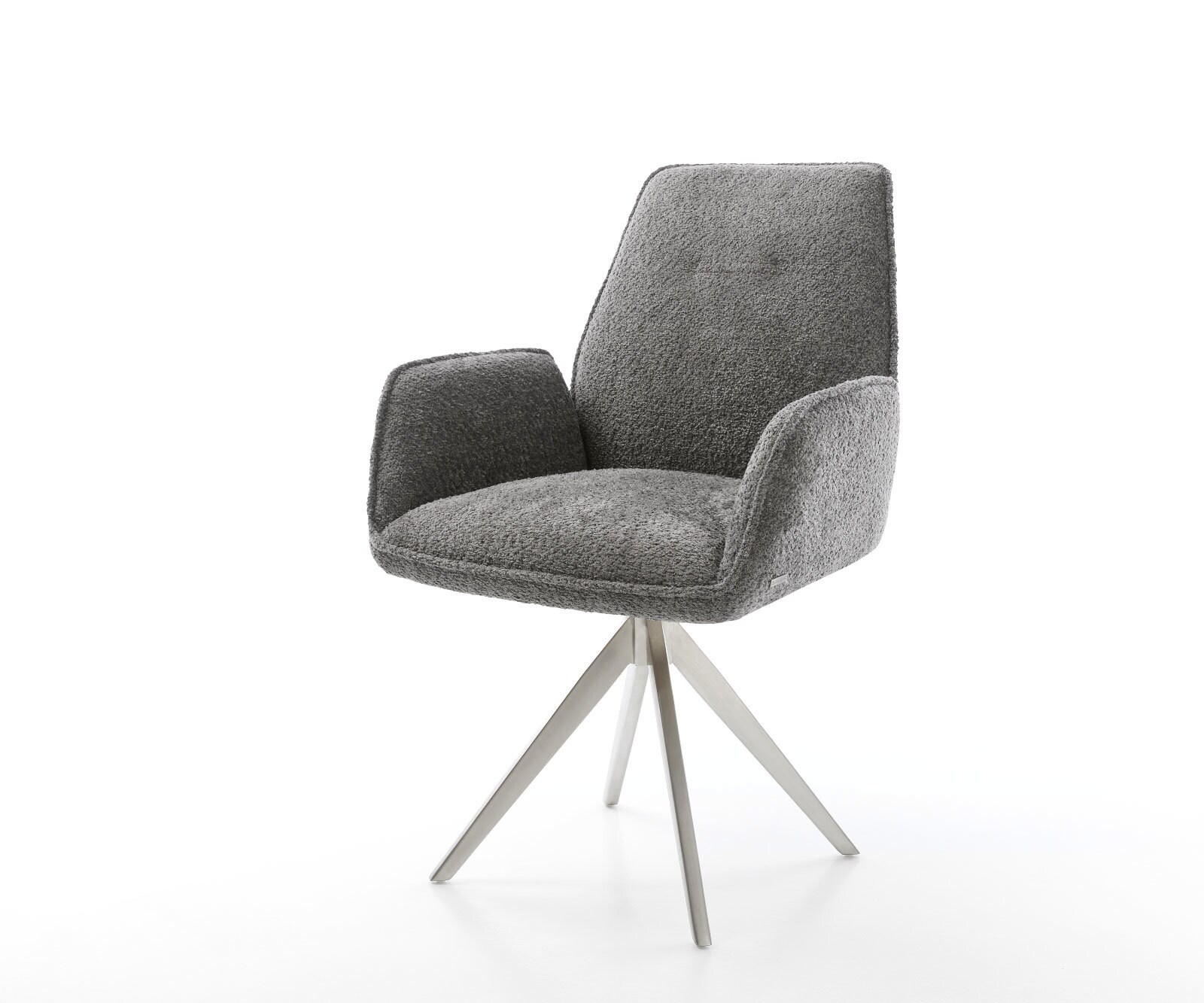 Drehstuhl Zoa-Flex Bouclé Grau Kreuzgestell kantig Edelstahl 180° drehbar