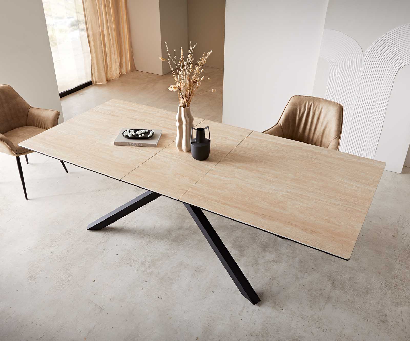 Table à manger Edge 180-220x100 céramique Travertin nature cadre croisé rectangulaire noir extensible 5