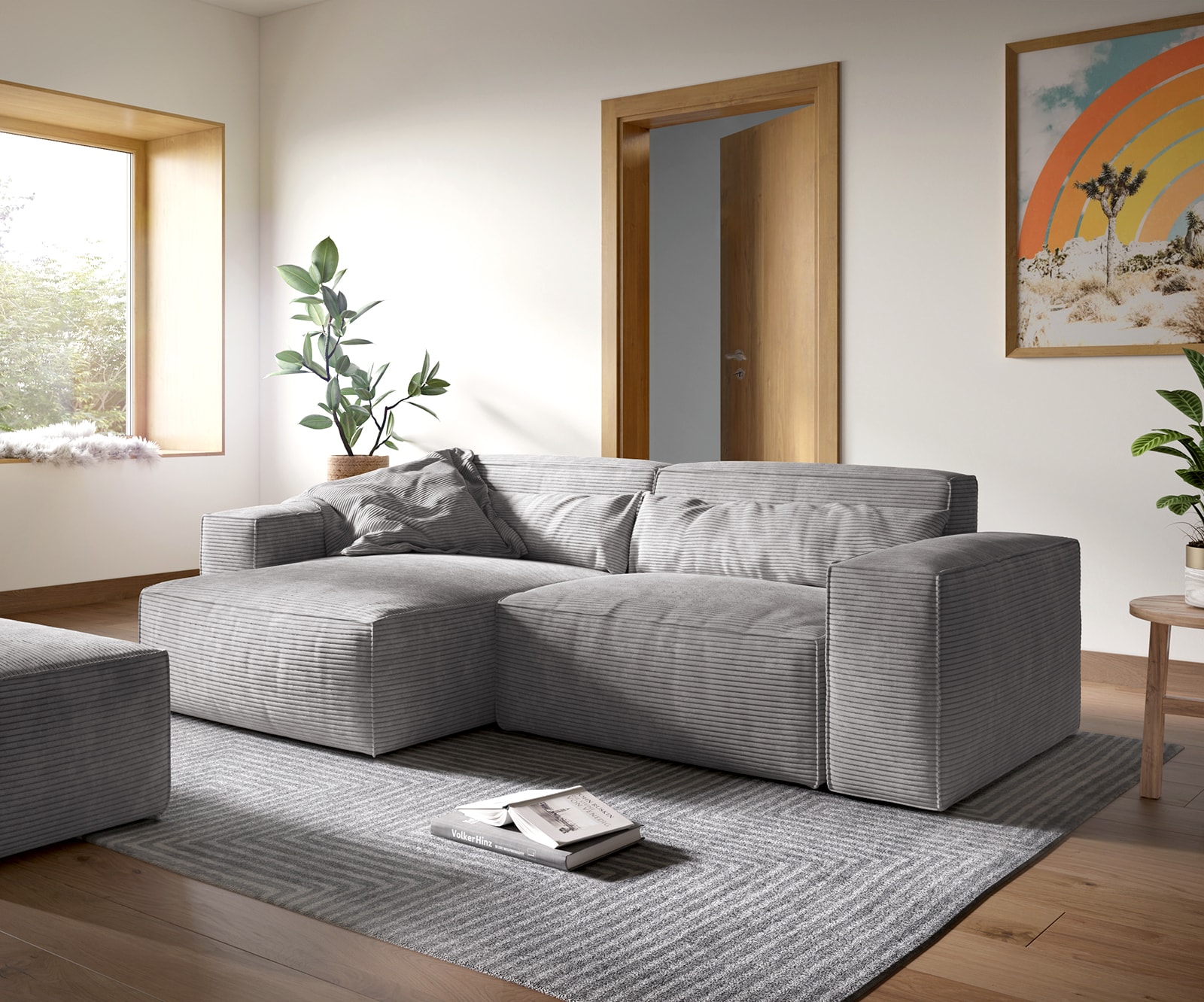 Ecksofa Sirpio XL 270x170 cm Cord Silbergrau Recamiere variabel mit Hocker Ecksofa Sirpio XL 270x170 cm Cord Silbergrau Recamiere variabel mit Hocker