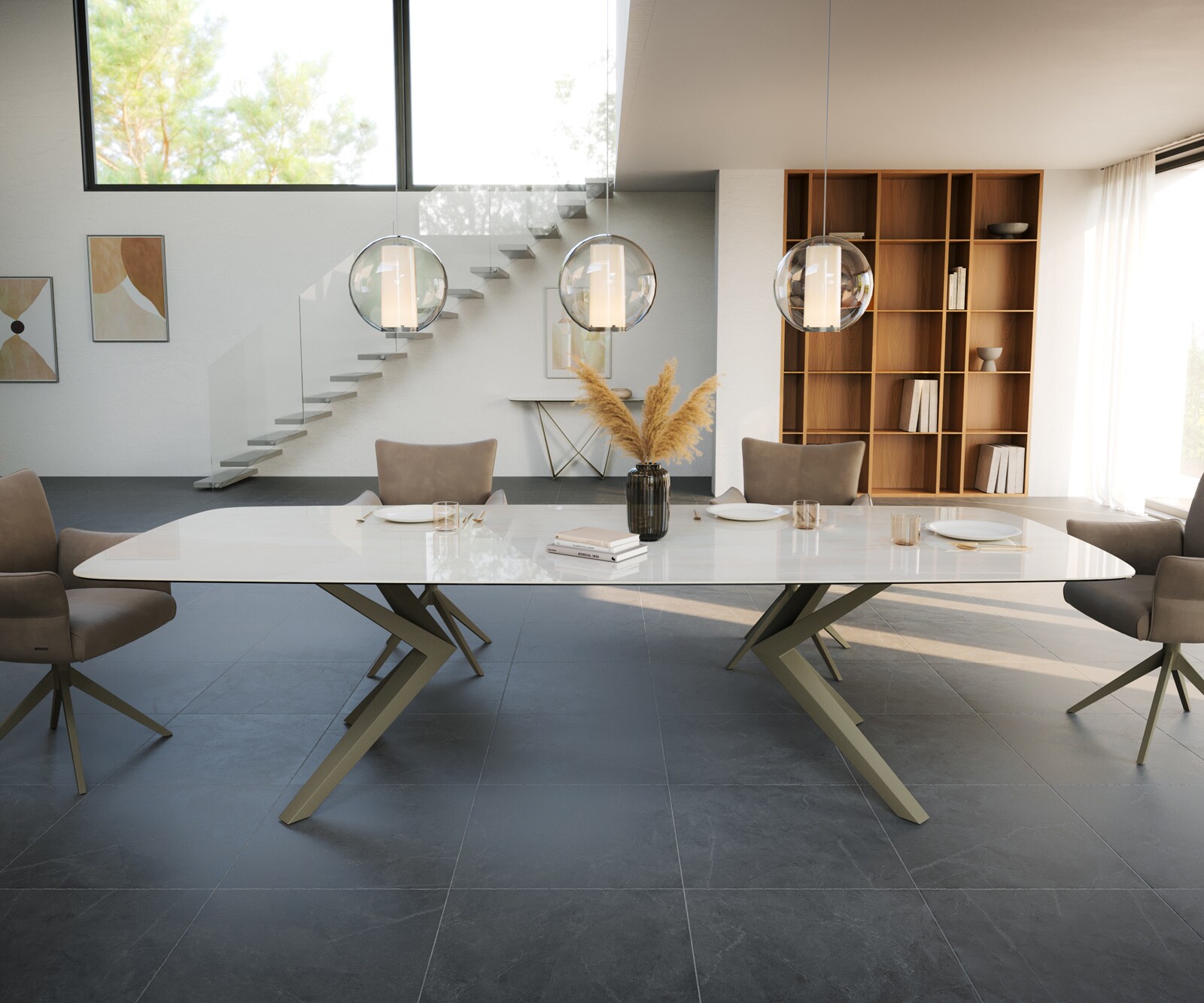 Esstisch Edge Boot 300x120 cm Keramik Onyx Champagne Zenthara Metall Effektfinish Titan 2