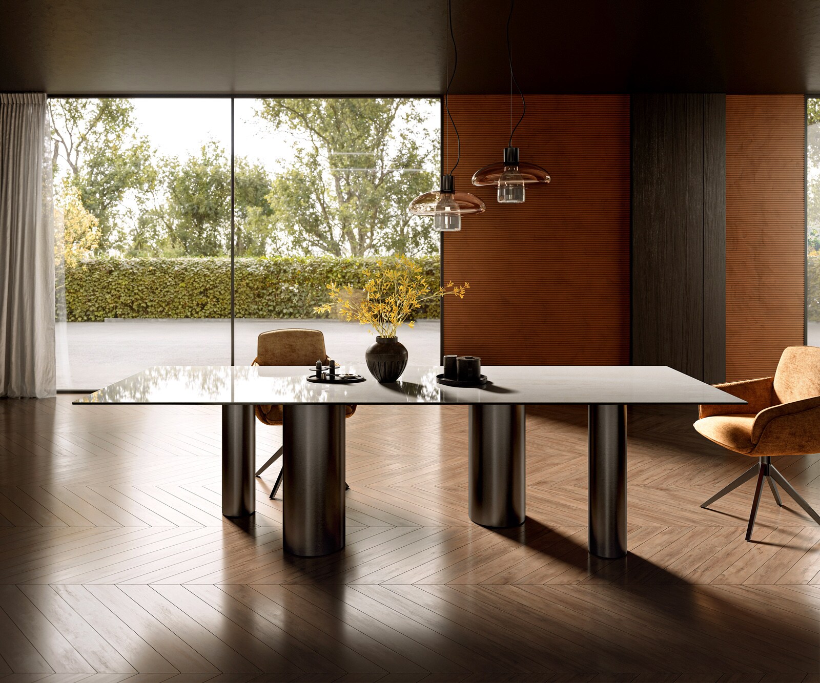 Esstisch Edge 300x100 cm Keramik Onyx Champagne Pilier Edelstahl Graphit 1