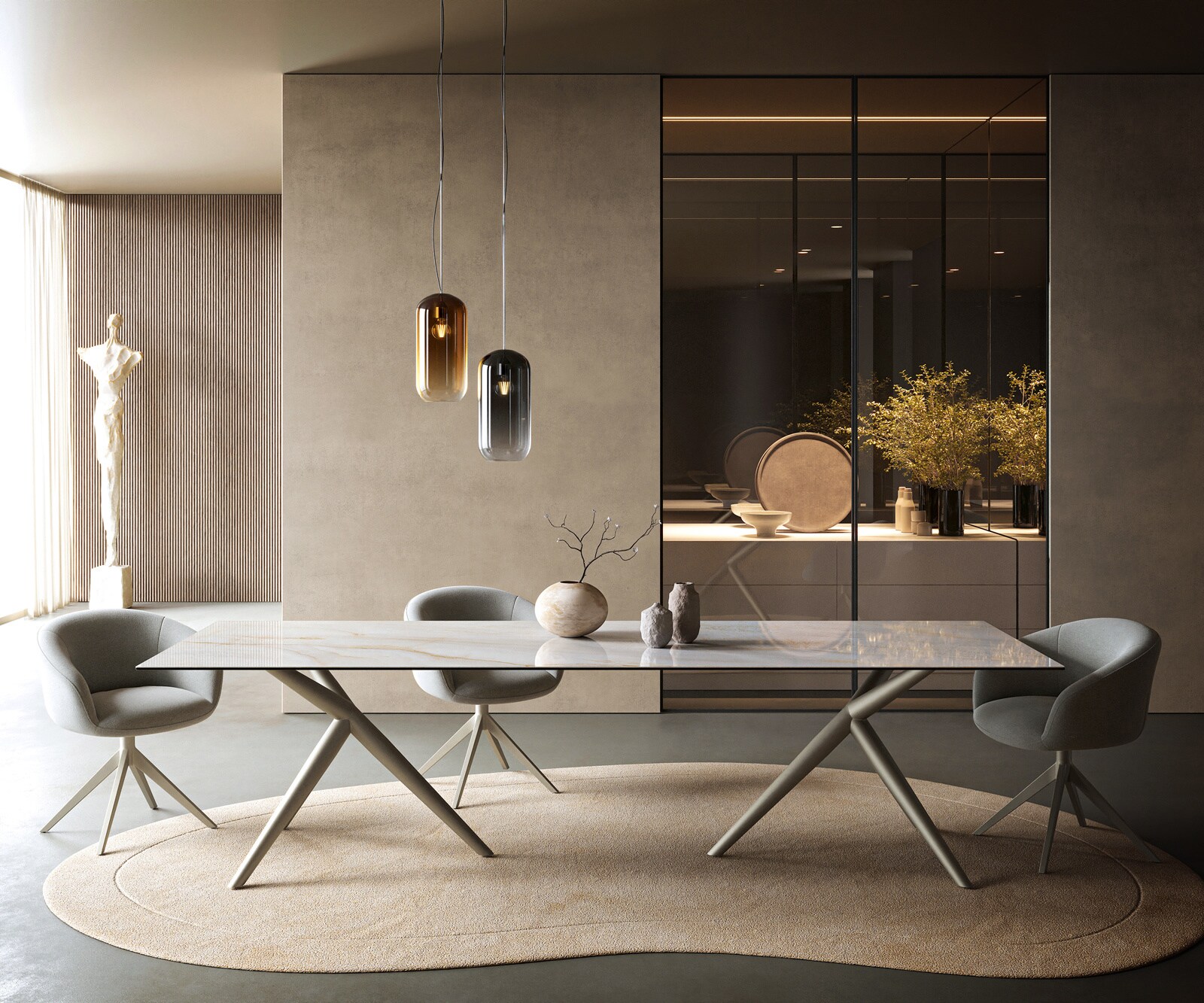 Table à manger Edge 300x100 cm céramique Onyx Pearl Estelar rond métal finition effet titane 1