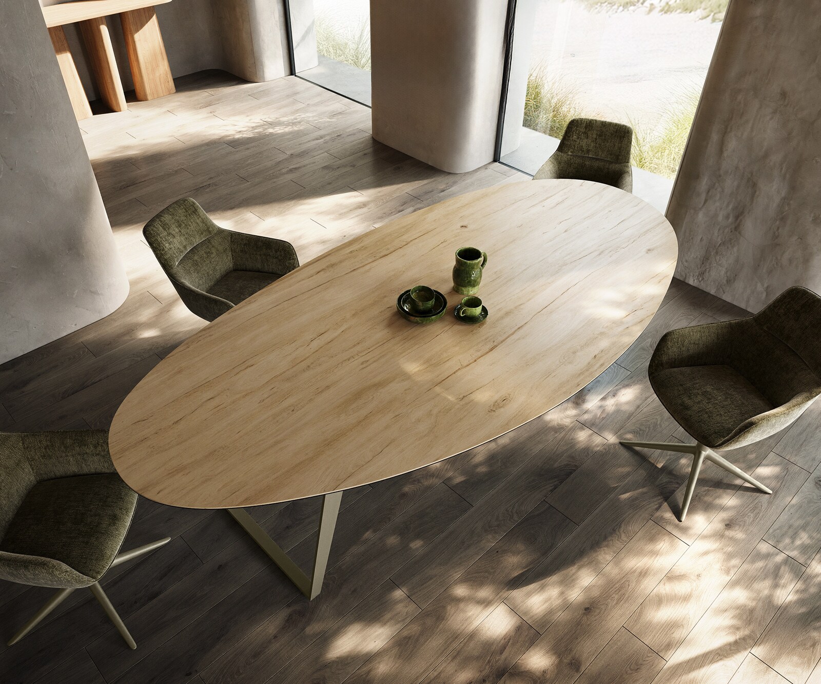 Table à manger Edge Oval 280x130 cm Céramique Laminam® Sabbia couleur chêne Métal Oblique Finition effet Titan 3
