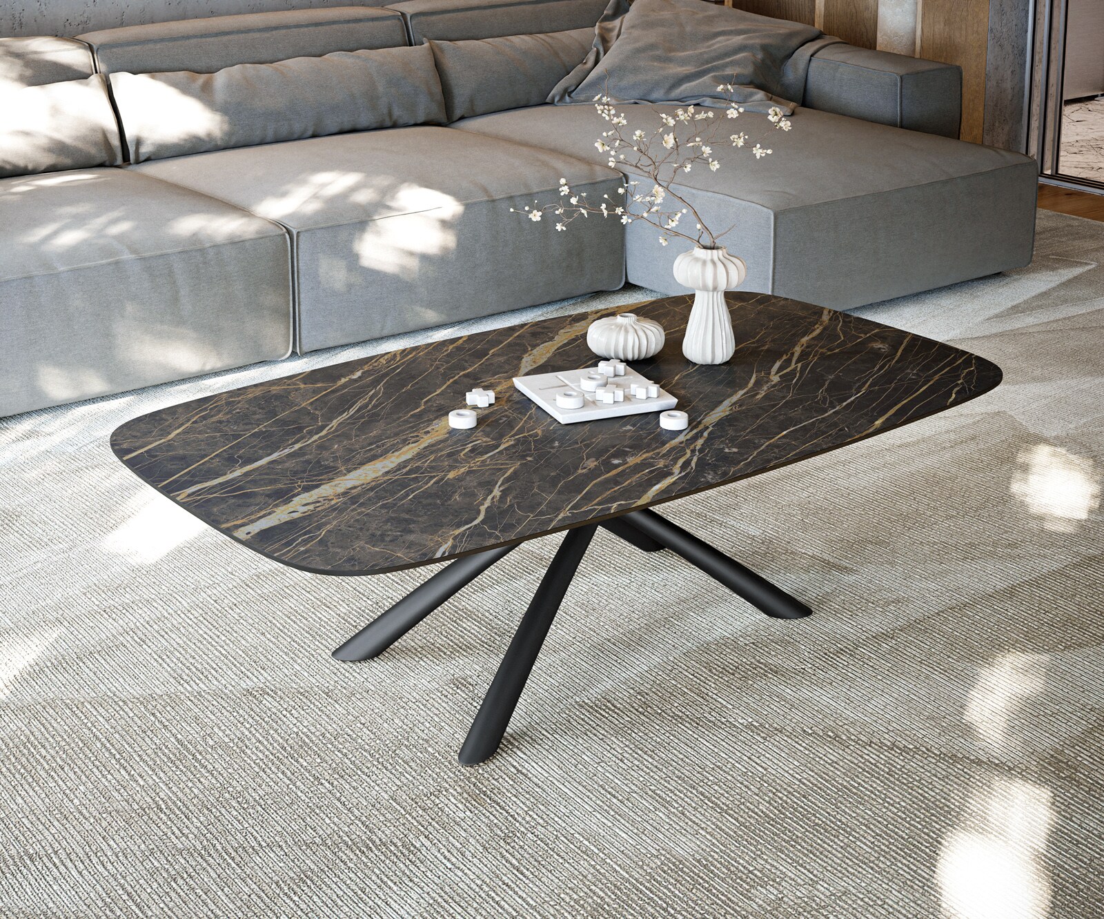 Couchtisch Edge Boot 140x80 cm Keramik Laminam® Noir Desir Braun Sarity Metall Schwarz 1