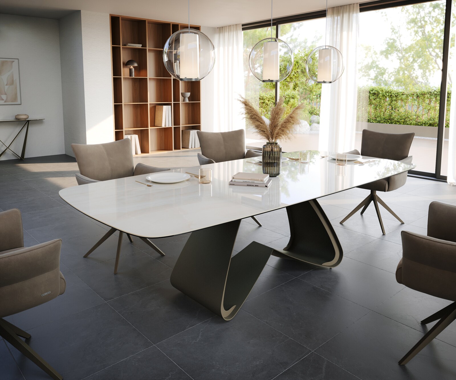 Esstisch Edge Boot 260x120 cm Keramik Onyx Champagne W-Gestell Metall Effektfinish Titan