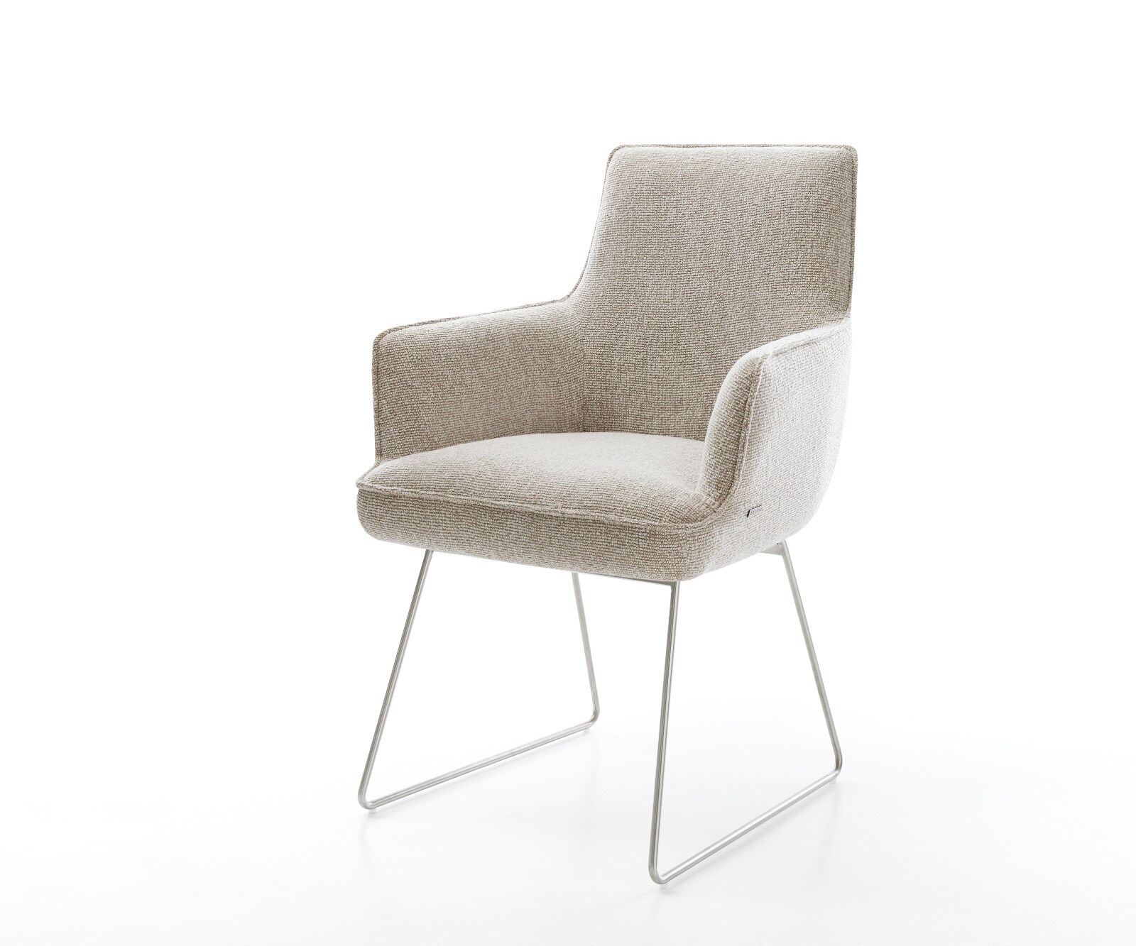 Esszimmerstuhl Heira-Flex mit Armlehnen Webstoff Soft Beige Kufengestell Edelstahl Taschenfederkern