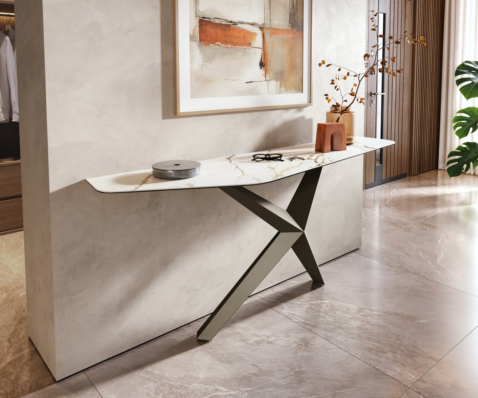 Konsolentisch Edge Polygonal 180x50 cm Keramik Calacatta Luxe Weiß-Gold-Grau Zentharo Metall Effektfinish Titan 4