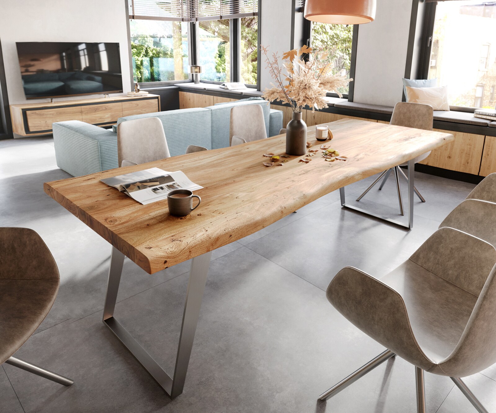 Table à manger Edge 280x100 XL acacia nature acier inoxydable inclinée Live-Edge