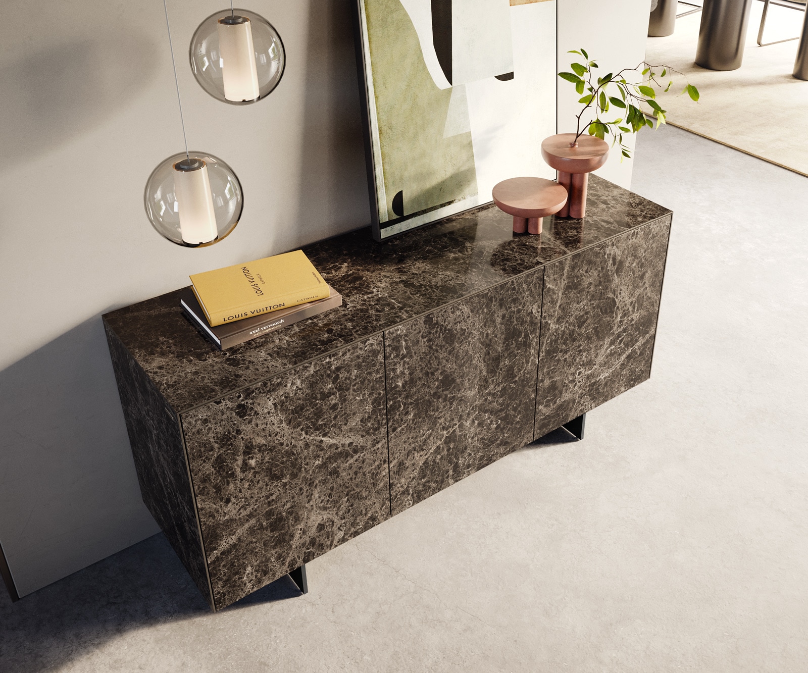 Sideboard Cuor 150 cm Keramik Laminam® Emperador Extra Lucidato Dunkelbraun 3 Türen Fuß Schwebeoptik Metall Schwarz 3
