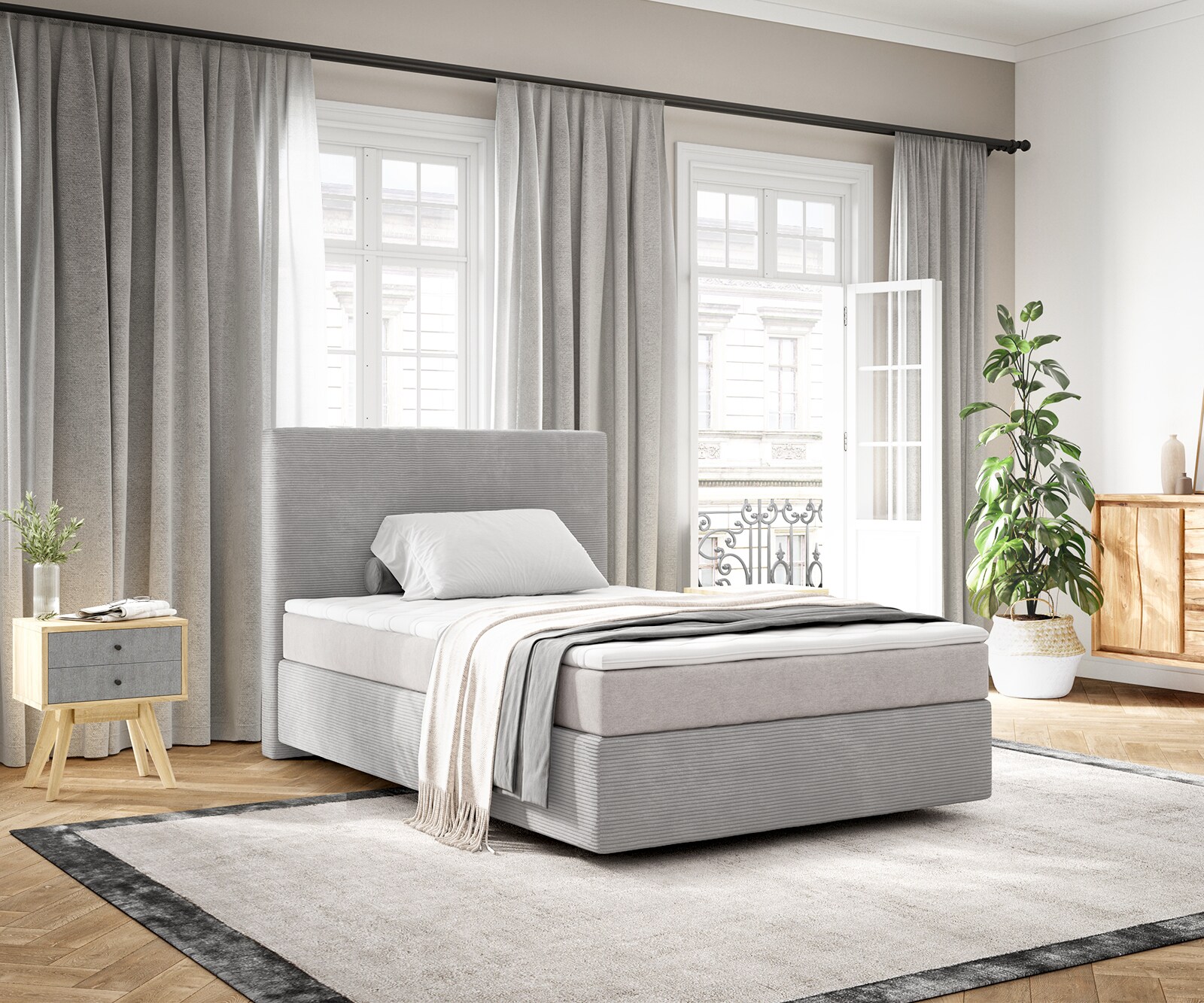 Lit-à-sommier-tapissier Dream-Well 120x200 cm Velours côtelé gris argenté avec matelas à ressorts ensachés et surmatelas Visco