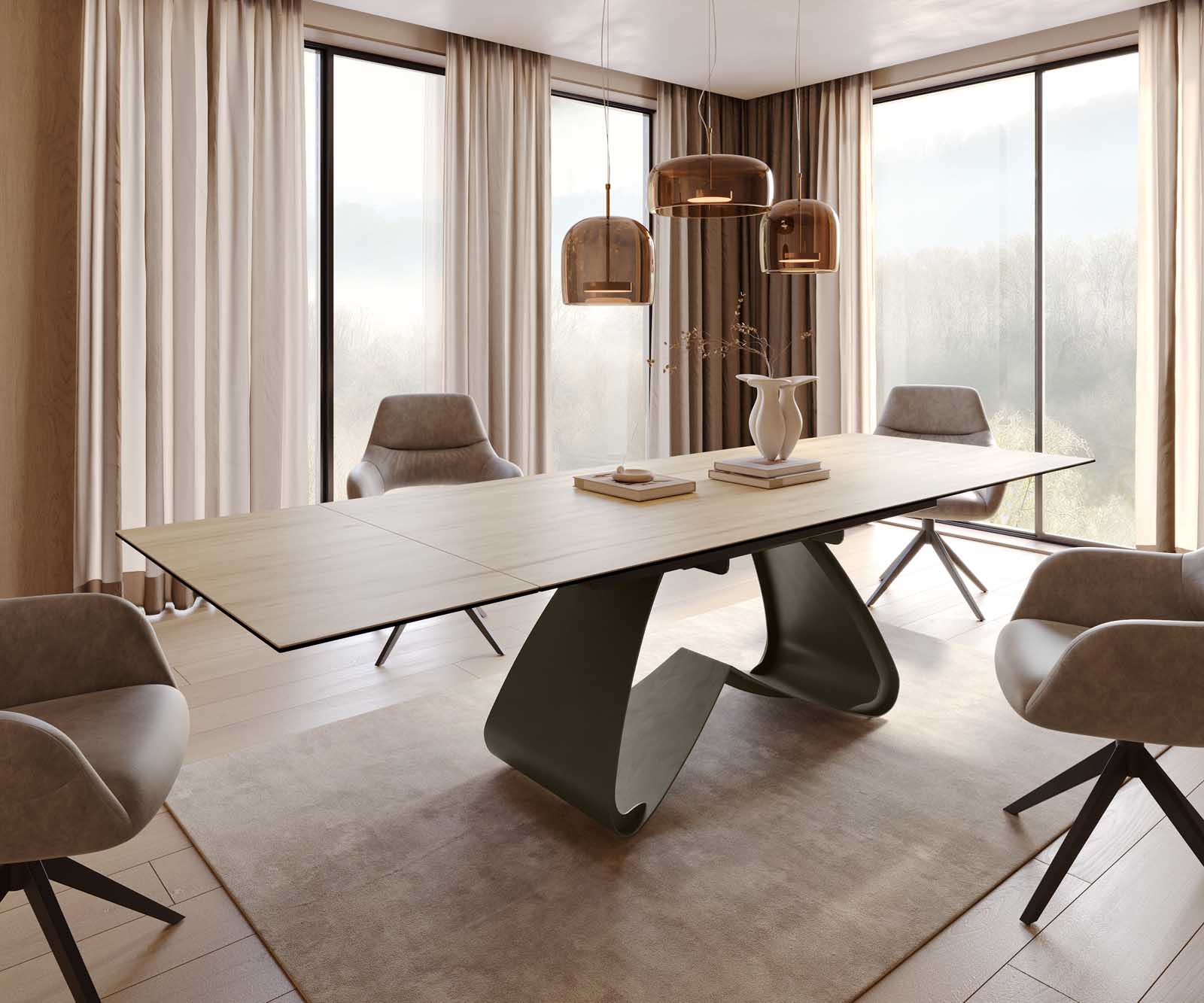 Esstisch Edge 200-300x100 Keramik Laminam® Sabbia Eichefarbig W-Gestell Effektfinish Titan Ausziehbar 1