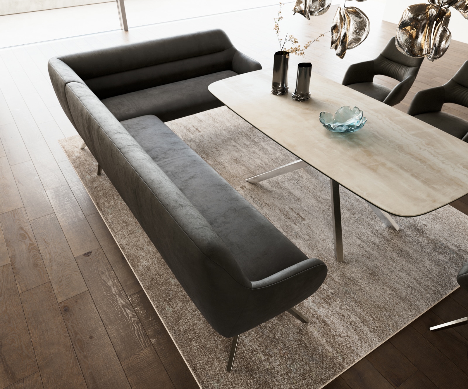 Banc-de-salle-à-manger Taya-Flex 285x190 cm microfibre antracite vintage pied croisé angulaire acier inoxydable ressort ensaché liens 3