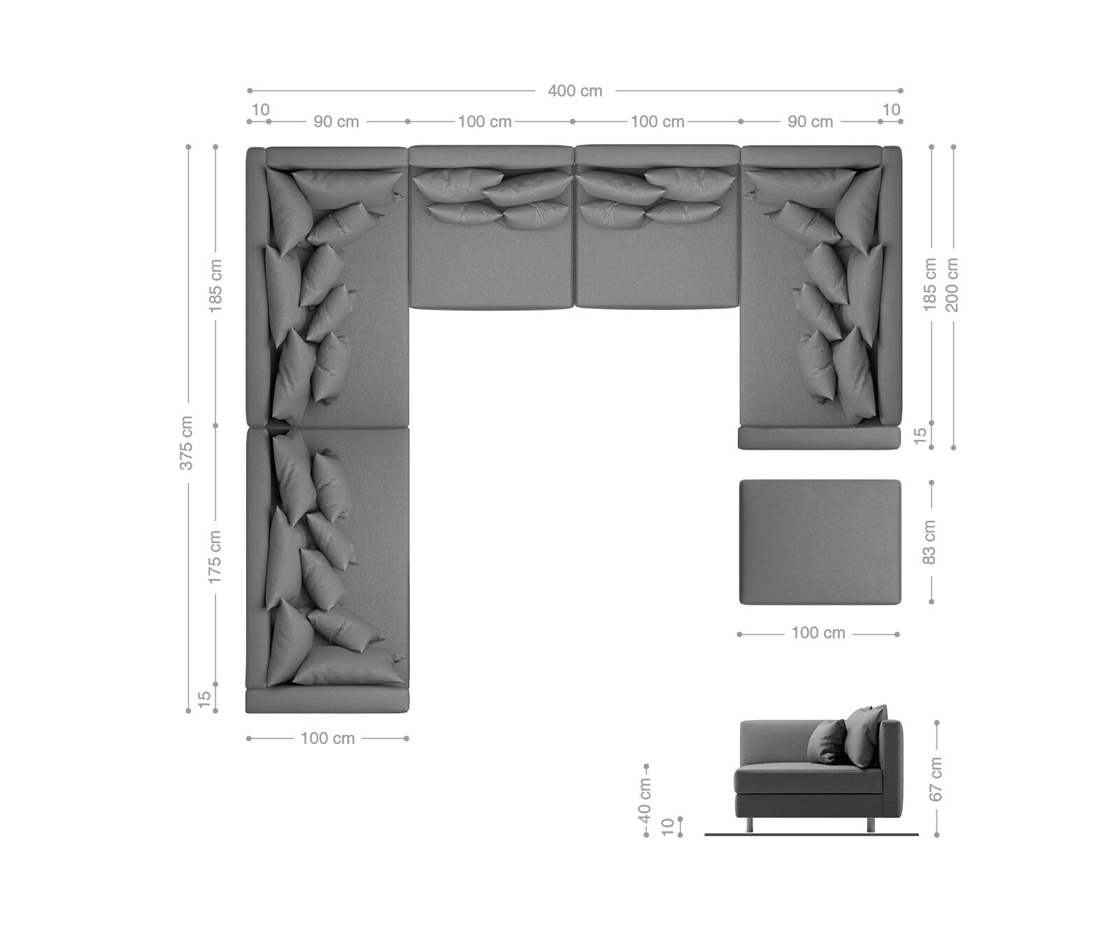Canapé-panoramique Clovis XXL blanc noir avec tabouret et accoudoirs poufs gauche 6