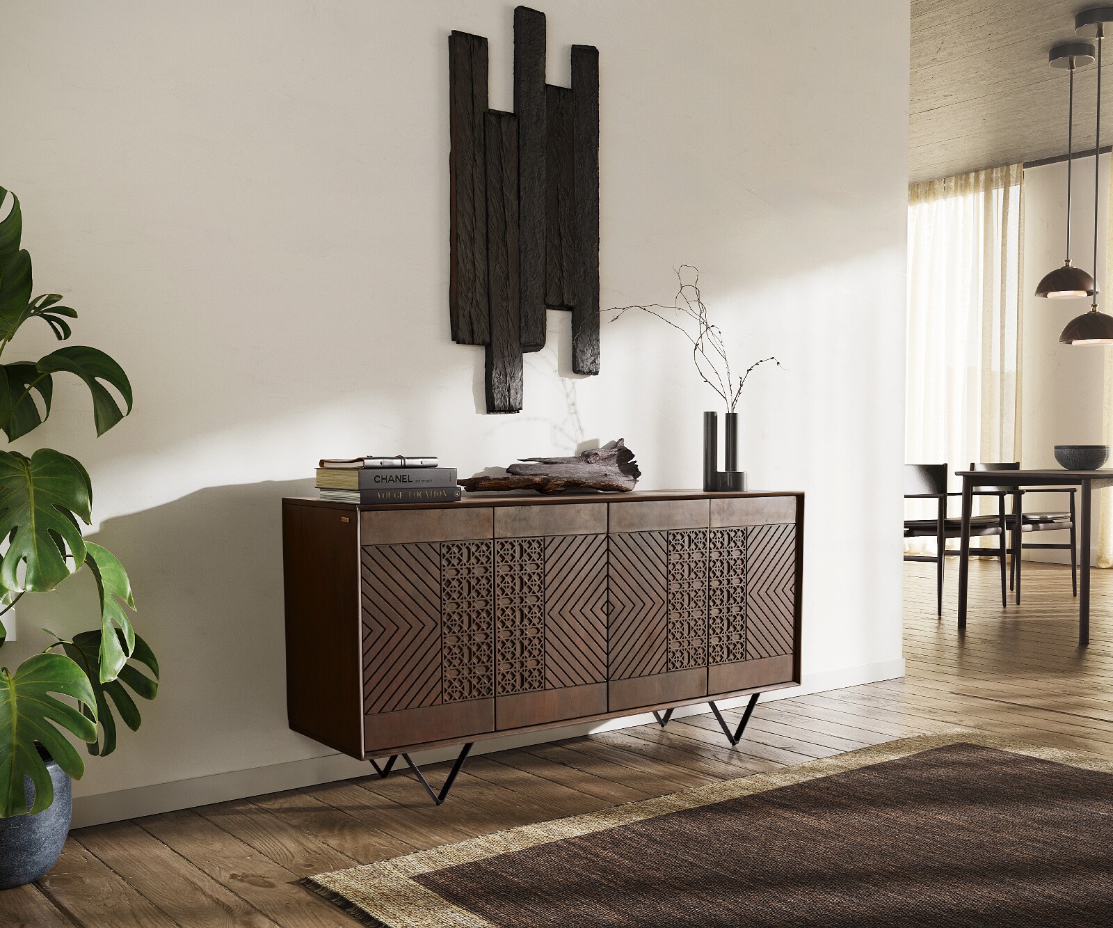 Sideboard Manjula 145 cm Mango Braun 4 Türen V-Fuß Metall Schwarz 1