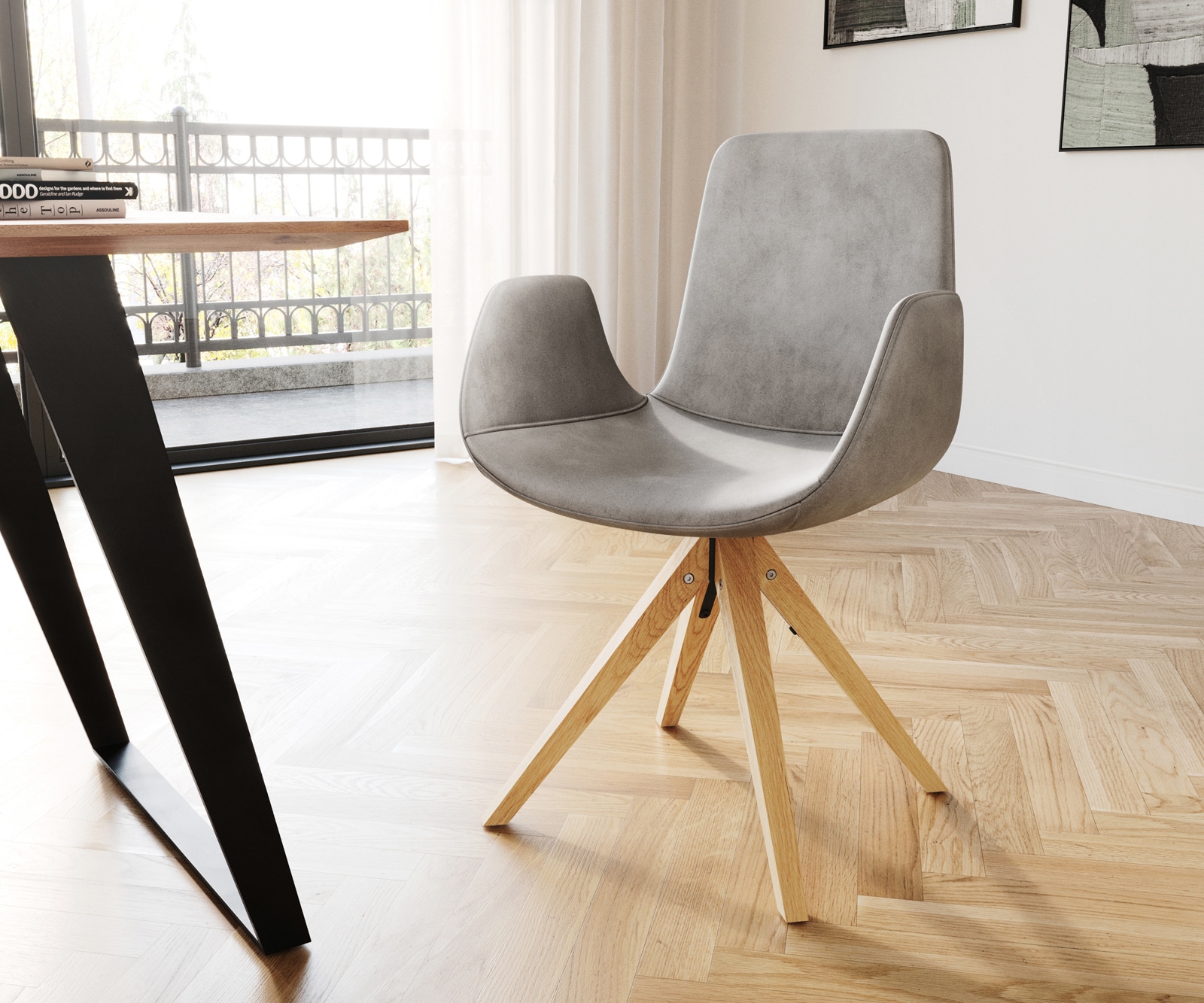 Chaise-de-salle-à-manger Ilia-Flex avec accoudoirs velours gris pied en bois conique naturel Chaise-de-salle-à-manger Ilia-Flex avec accoudoirs velours gris pied en bois conique naturel