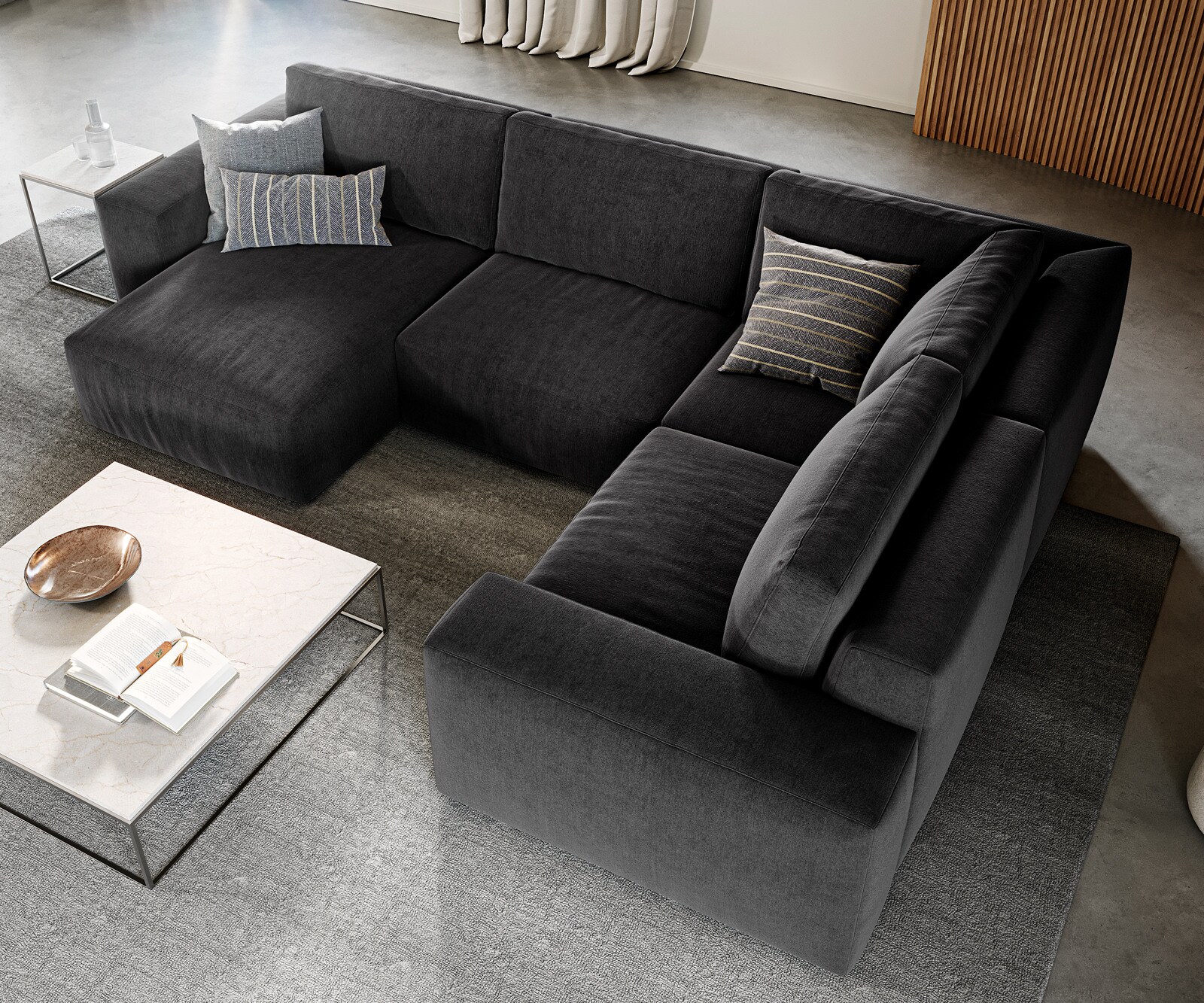 Wohnlandschaft Lanzo 300x210 cm Mikrofaser Schwarz Recamiere variabel mit Hocker 3