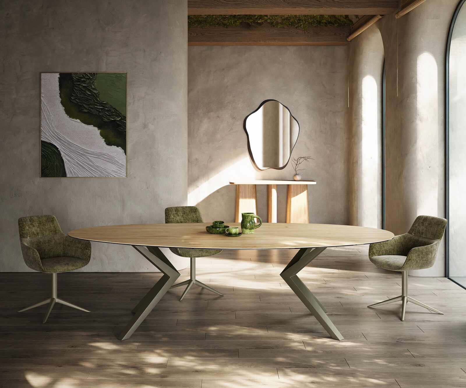 Esstisch Edge Oval 280x130 Keramik Laminam® Sabbia Eichefarbig Zenthara kantig Metall Effektfinish Titan 1