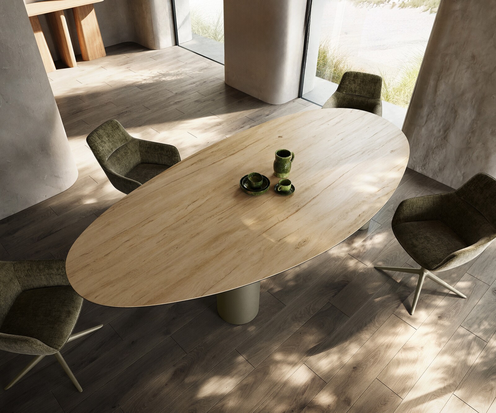 Esstisch Edge Oval 280x130 Keramik Laminam® Sabbia Eichefarbig Pilier Metall Effektfinish Titan 3