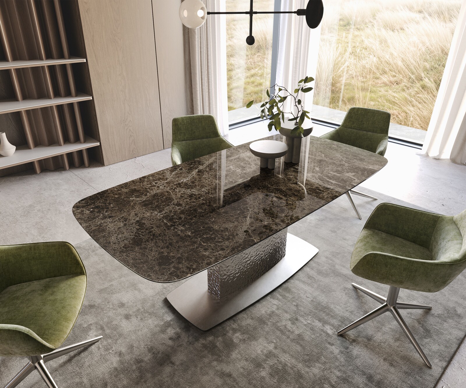 Esstisch Edge Boot 200x100 Keramik Laminam® Emperador Extra Lucidato Dunkelbraun Wave Edelstahl