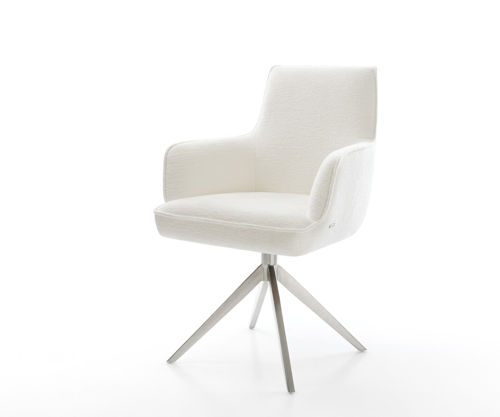 Drehstuhl Heira-Flex mit Armlehnen Bouclé Soft Beige Kreuzgestell breit Edelstahl 360° drehbar Wippfunktion Taschenfederkern