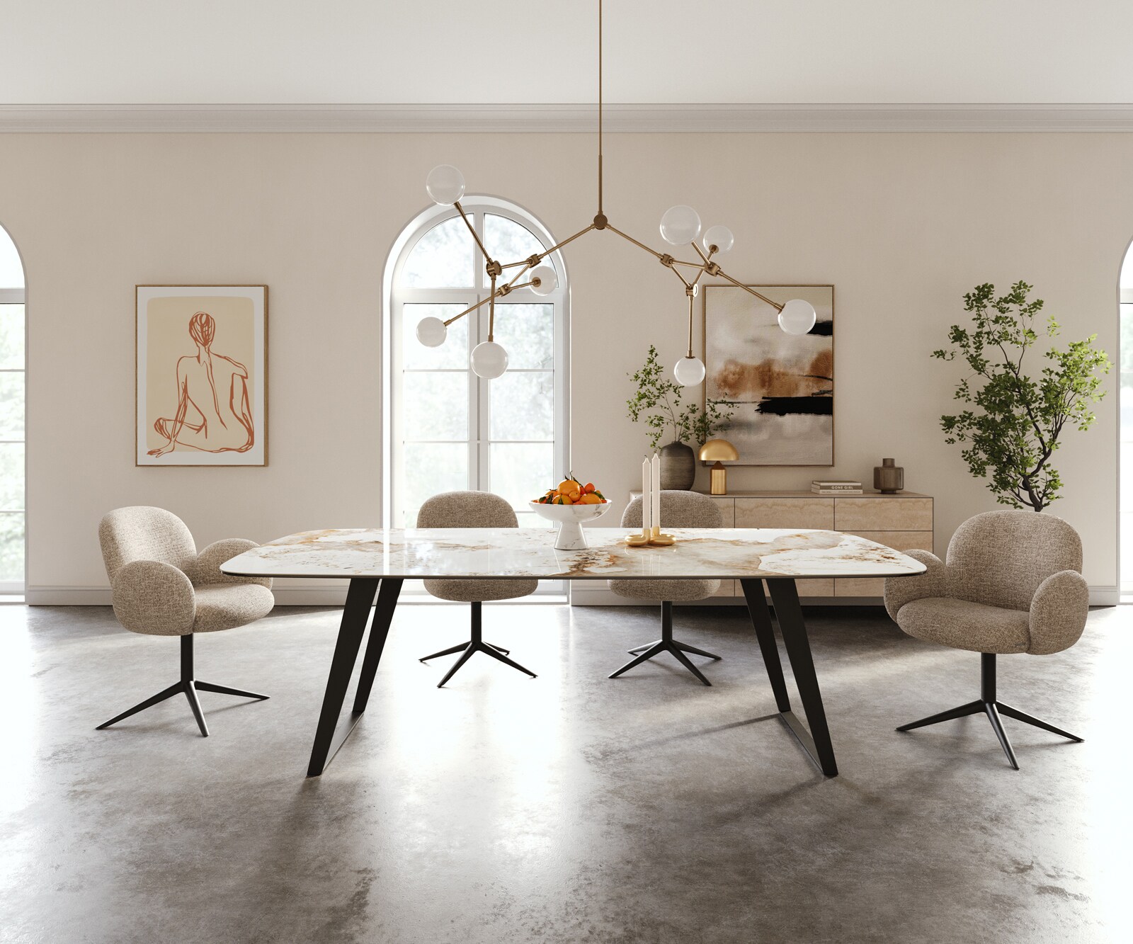 Table à manger Edge Boot 240x120 cm Céramique Minas Melange Blanc-Beige Métal Schräg Noir 1