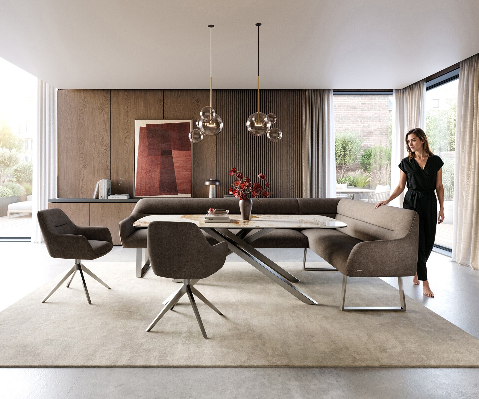 Esszimmerbank Taya-Flex 285x190 cm Strukturstoff Soft Taupe Kufengestell kantig Edelstahl Taschenfederkern Links 2