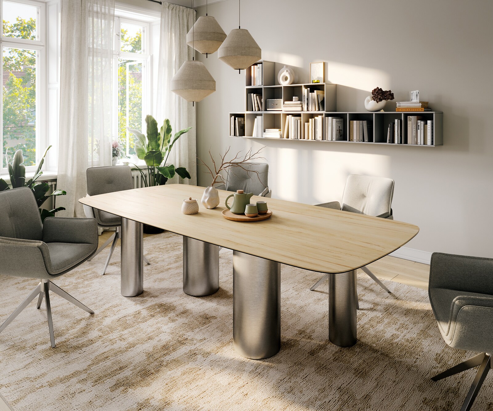 Esstisch Edge Boot 260x120 cm Keramik Laminam® Sabbia Eichefarbig Pilier Edelstahl gebürstet