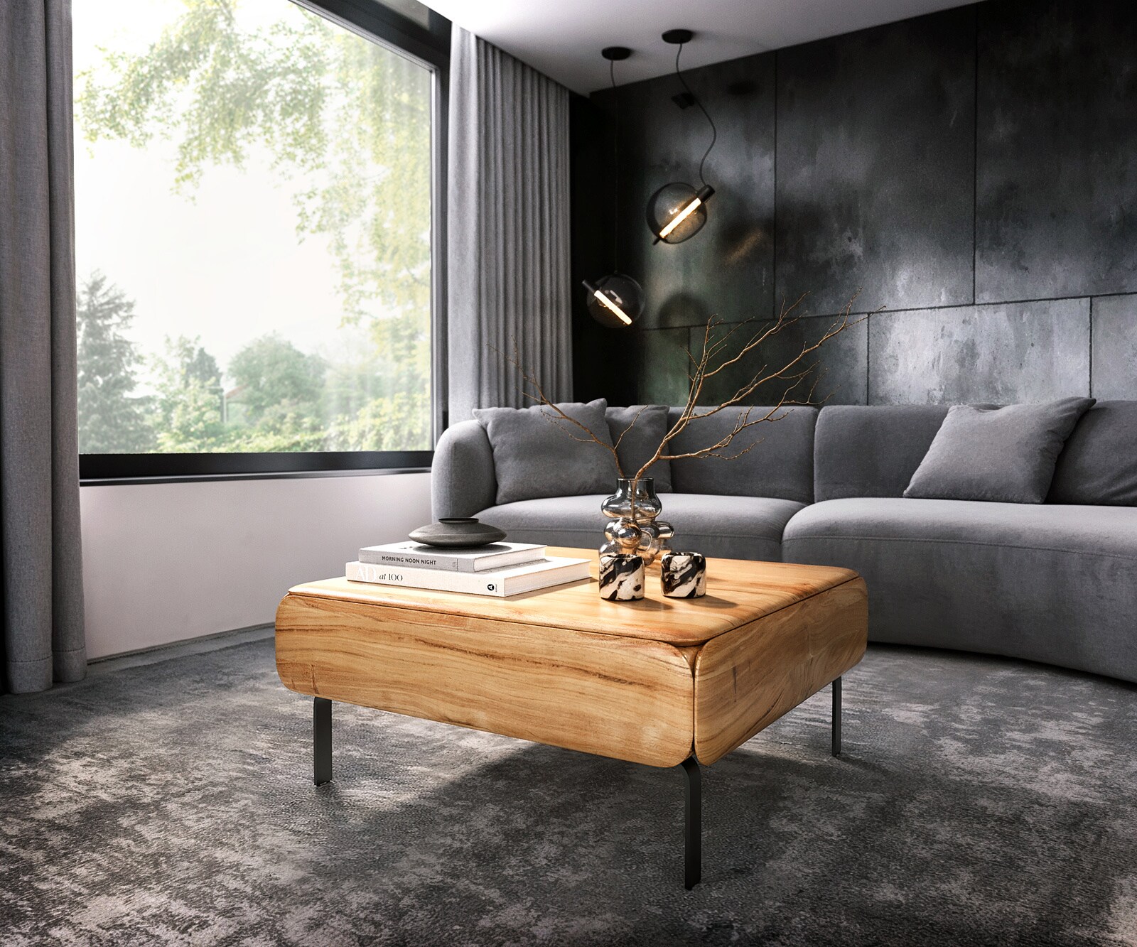 Table-basse Shavani 90 x 90 cm, acacia naturel, 2 portes, pieds en L, métal noir