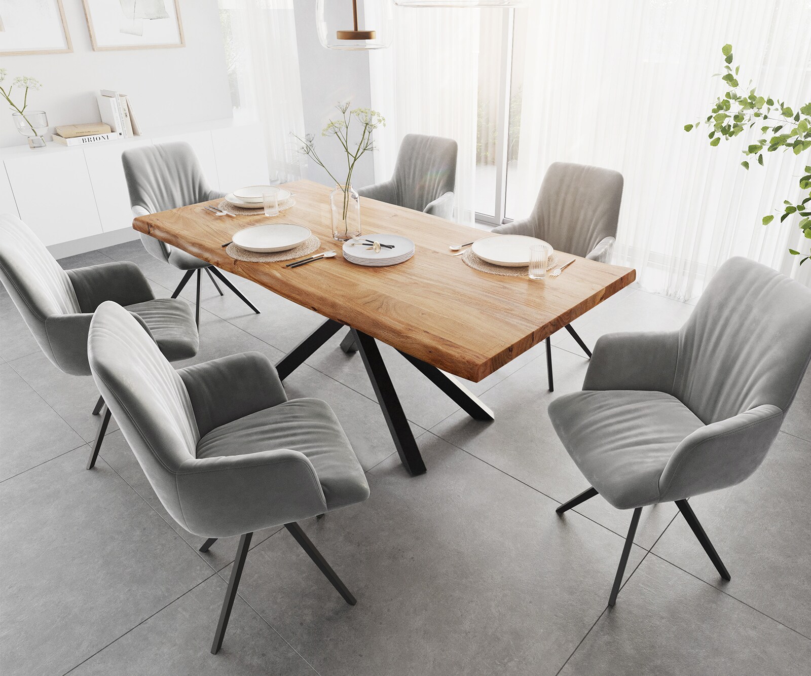 Esstisch Edge 200x100 XL Akazie Natur Kreuzgestell Rechteck Schwarz Live-Edge 5
