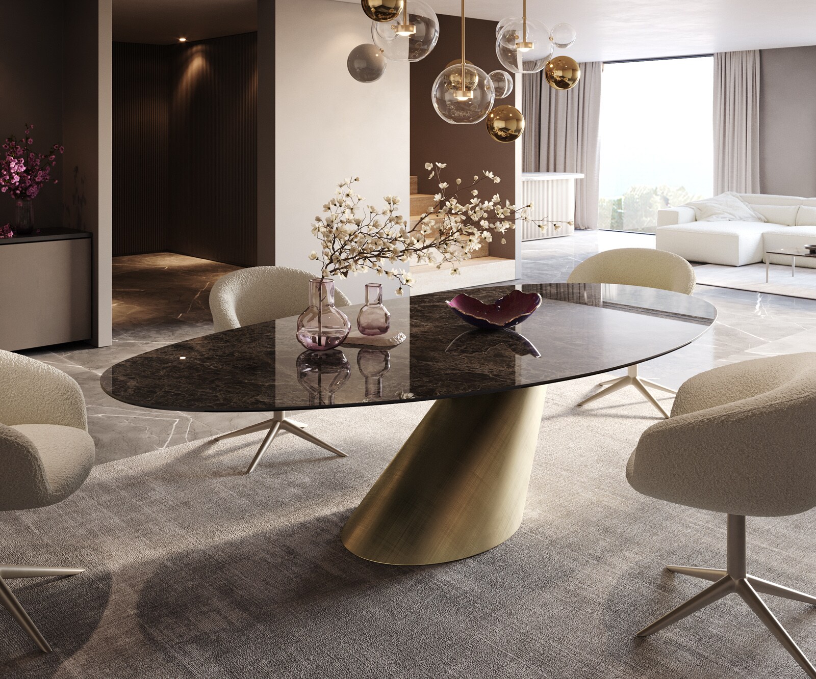 Table à manger Edge ovalee 280x130 céramique Laminam® Emperador Extra Lucidato marron foncé Cono métallique doré