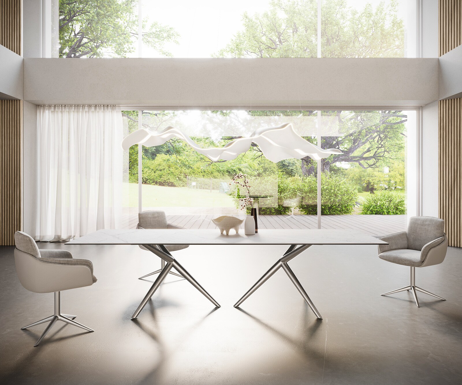 Esstisch Edge 300x100 Keramik Laminam®Statuarietto Weiß Estelar rund Edelstahl 3