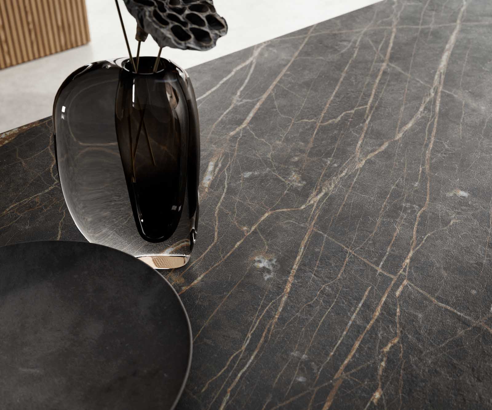 Esstisch Edge 200-300x100 Keramik Laminam®Noir Desir Braun Spider Flachstahl Edelstahl ausziehbar 8