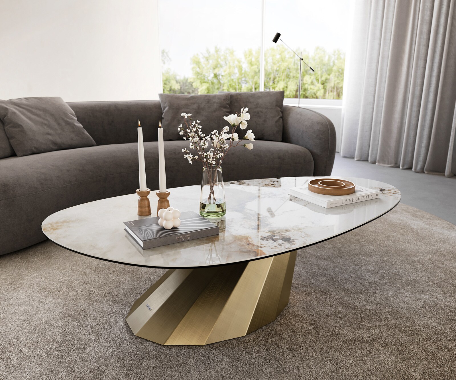 Table basse Edge Oval 140x75 cm céramique Minas Melange Parabi doré métallique