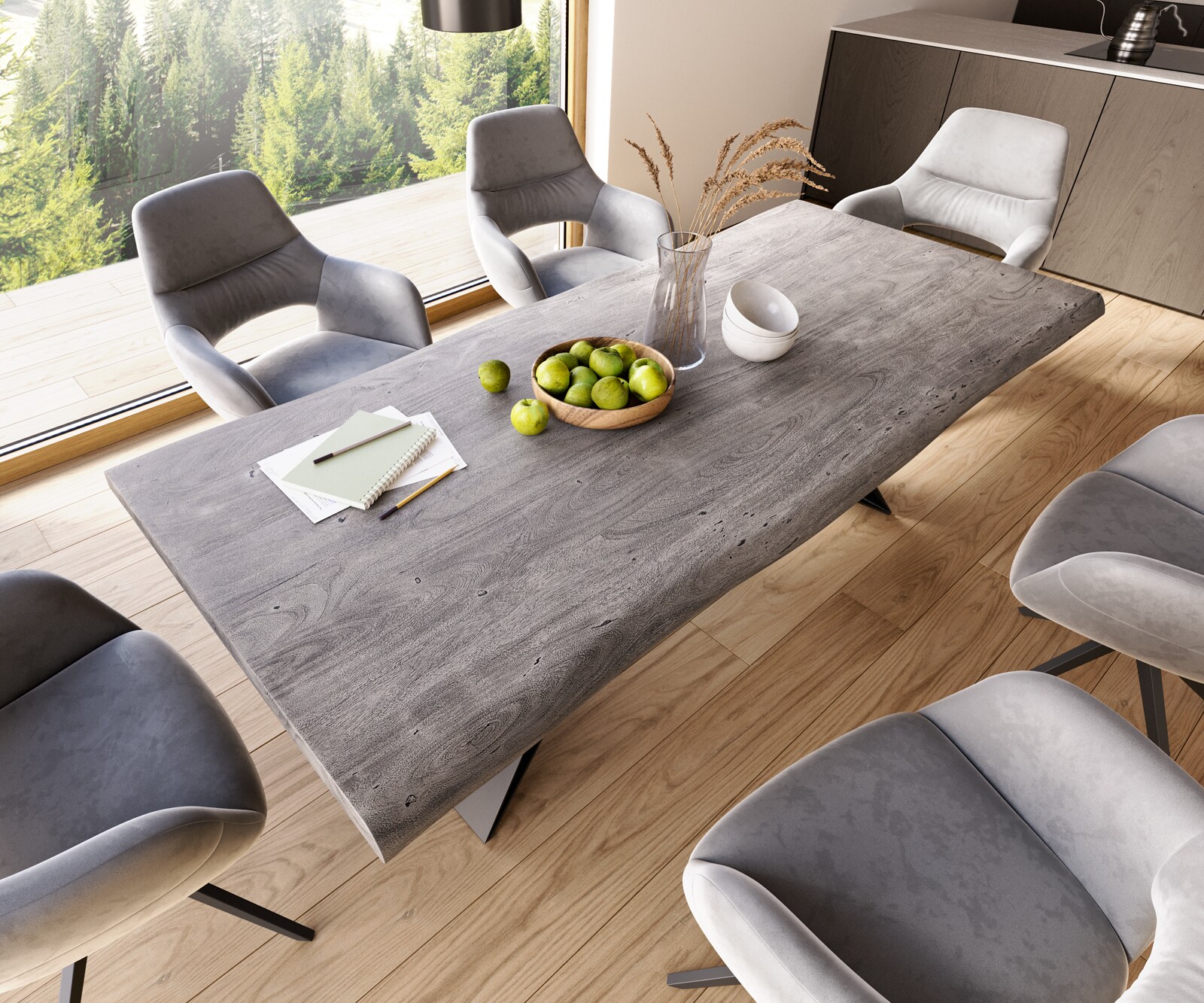 Esstisch Edge 220x100 XL Akazie Platin V-Gestell Flachstahl Schwarz Live-Edge 3