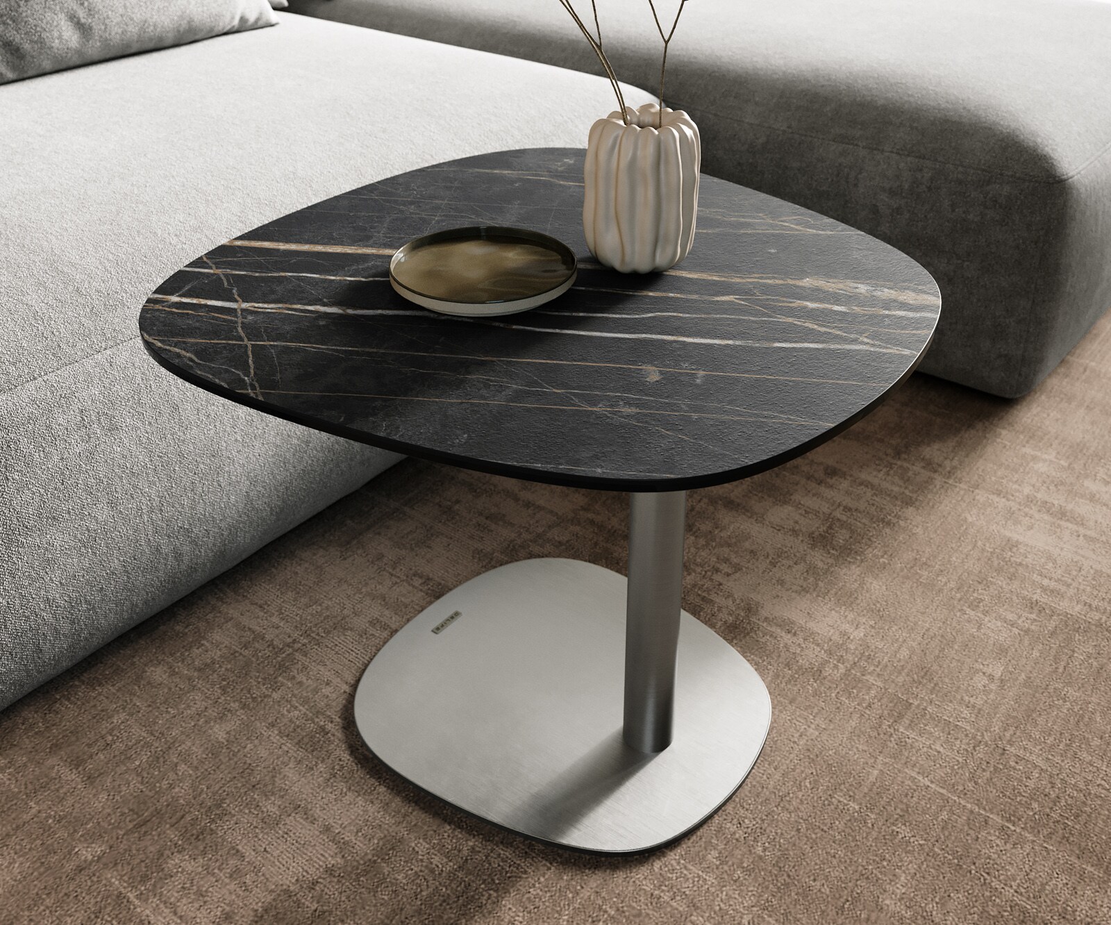 Table basse Edge Boot 60x60 cm céramique Laminam® Noir Desir brun Eleny acier inoxydable brossé 6
