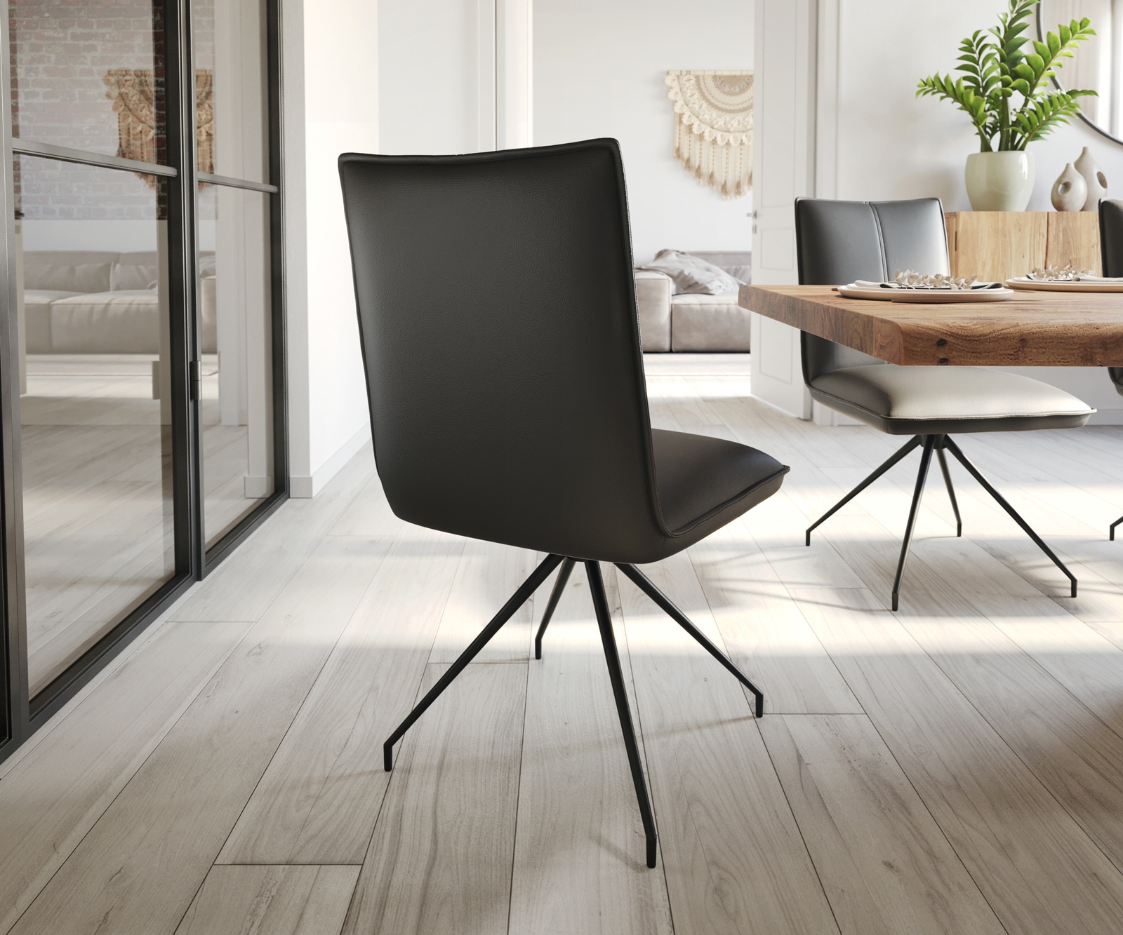 Chaise-de-salle-à-manger Lelio-Flex cuir de vache noir pied croisé conique noir ressorts ensachés 4