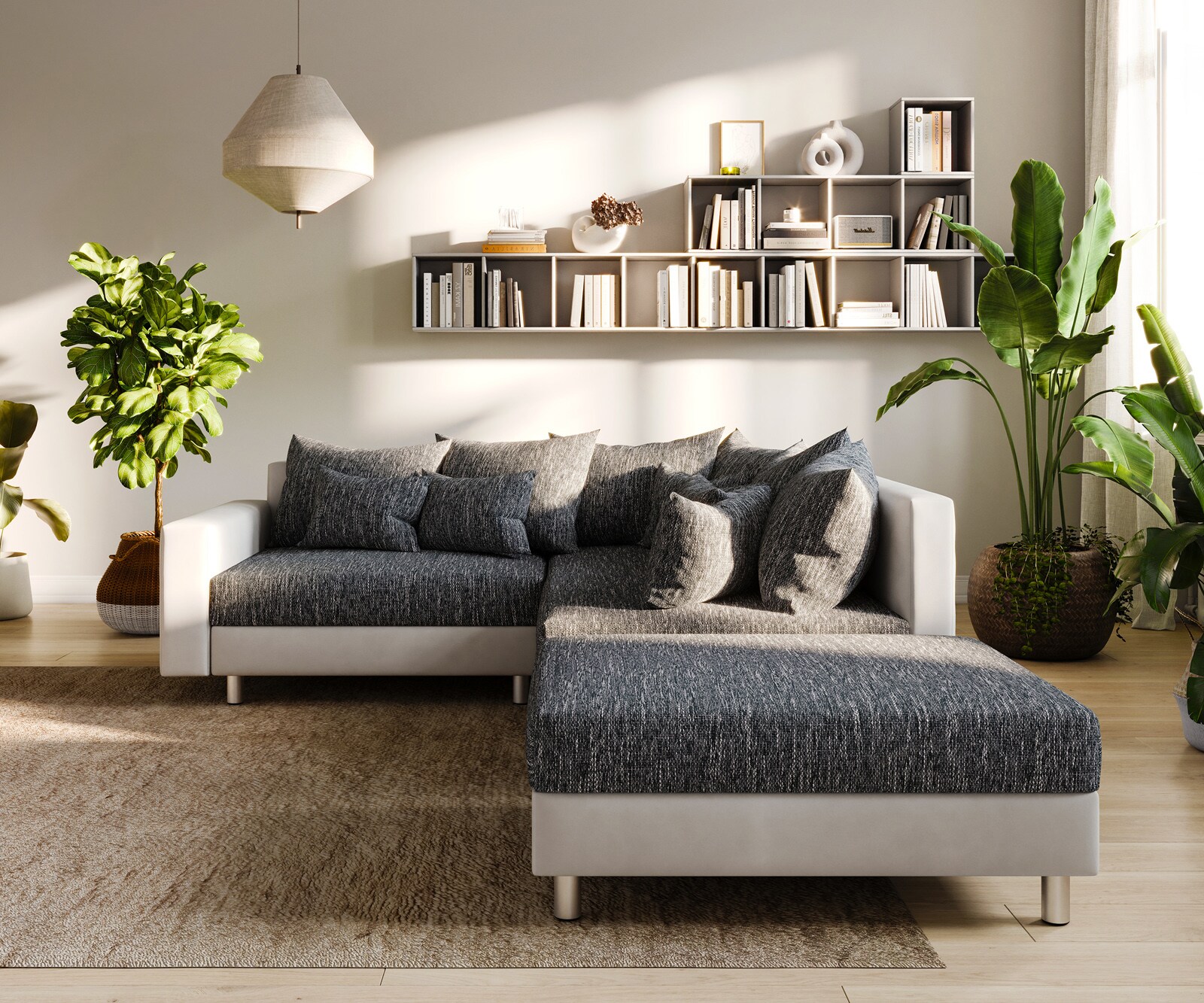 Canapé-d'angle Clovis Blanc Noir avec tabouret et accoudoirs poufs droite  2