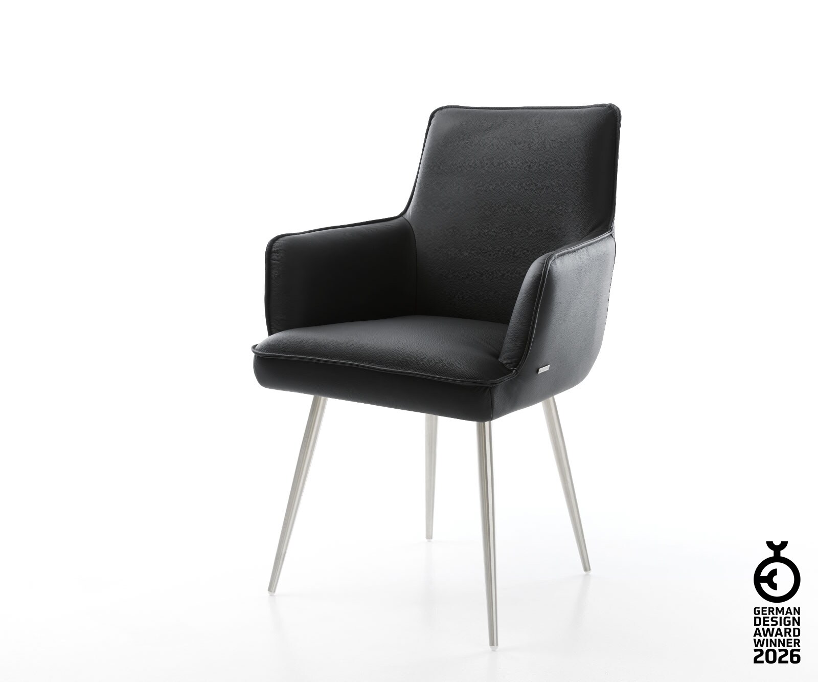 Chaise-de-salle-à-manger Heira-Flex avec accoudoirs cuir de vache noir 4 pieds coniques acier inoxydable brossé ressorts ensachés