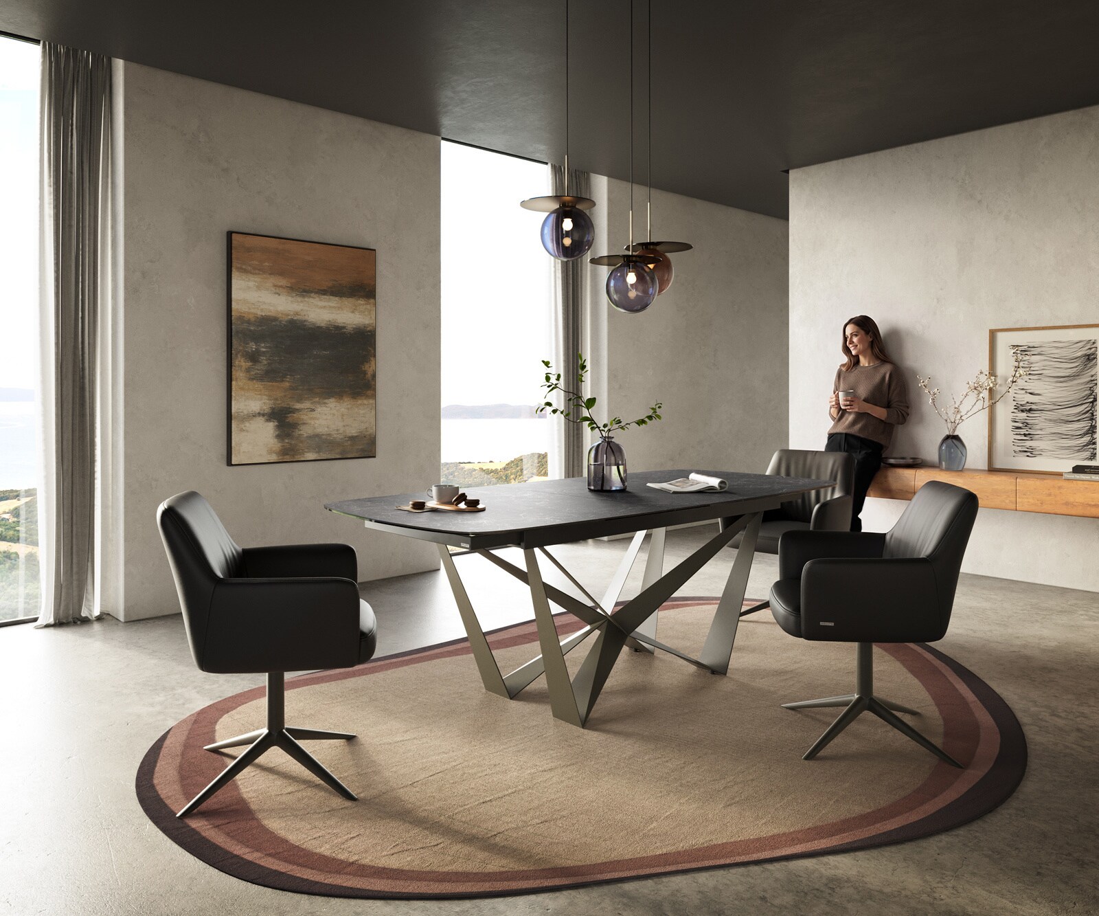 Esstisch Edge Boot 180-220x100 cm Keramik Laminam® Nero Greco Anthrazit Spider Metall Effektfinish Titan ausziehbar 5