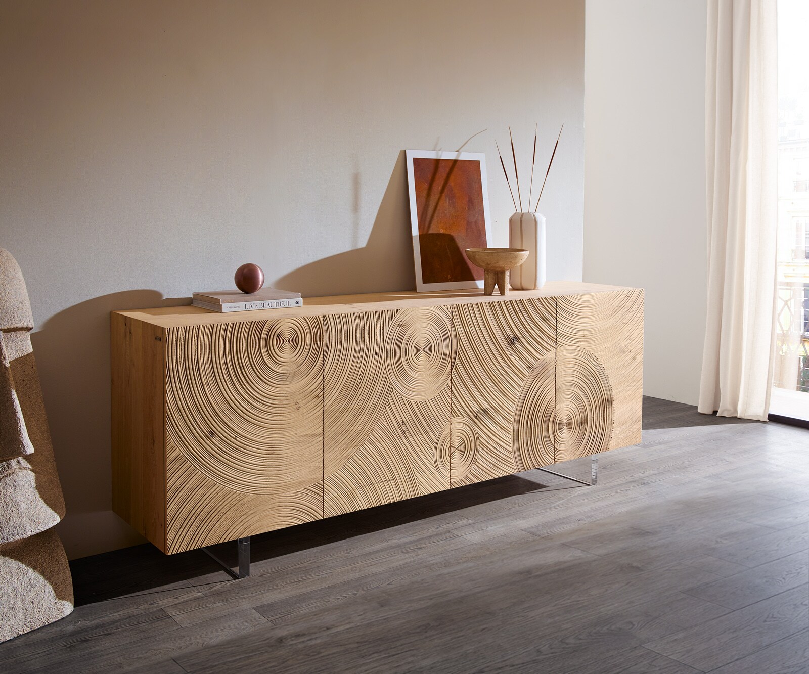 Sideboard Ashara 200 cm Eiche Natur 3D Effekt 4 Türen Fuß Schwebeoptik Acrylglas 1