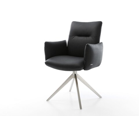 Chaise-pivotante Jova-Flex cuir de vache noir pied croisé large acier inoxydable brossé pivotement sur 360° fonction bascule ressorts ensachés