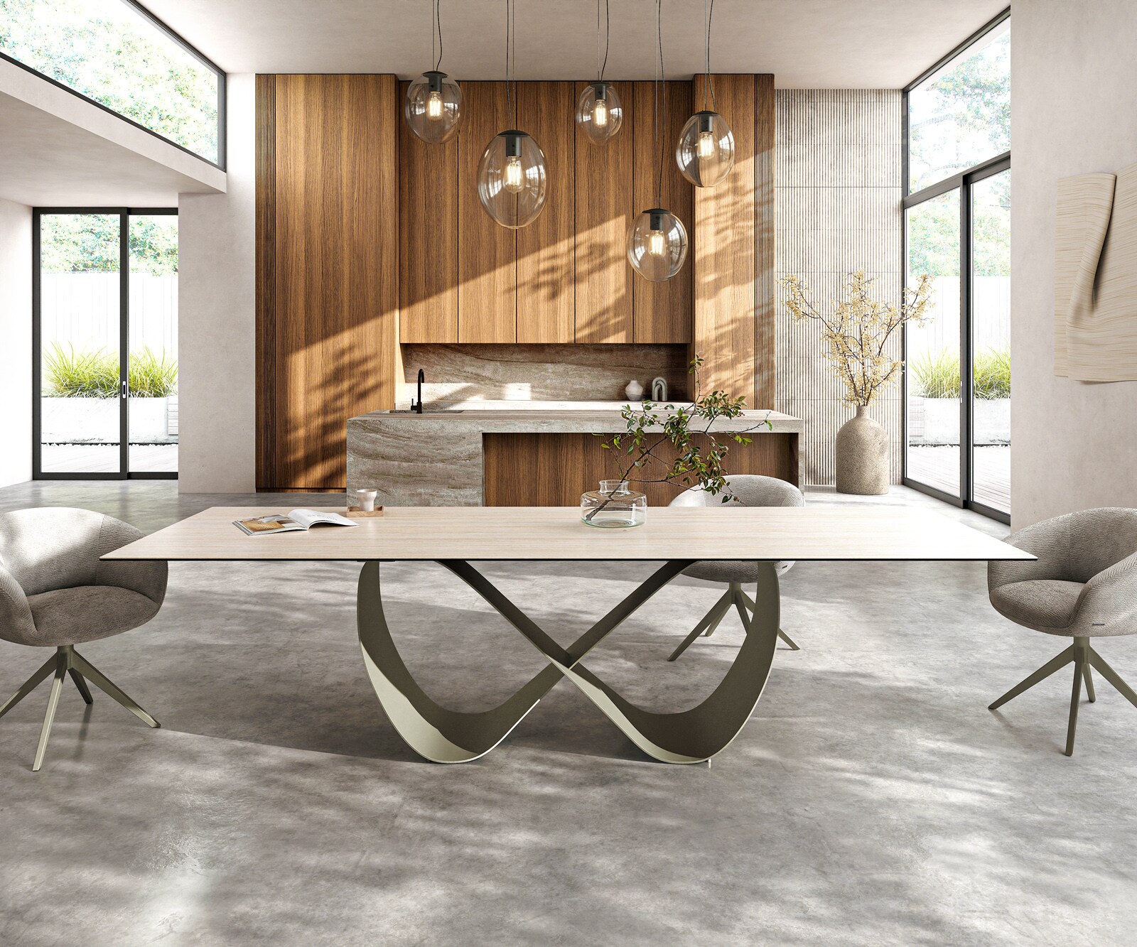 Esstisch Edge 300x100 Keramik Laminam® Travertino Bianco Creme-Weiß Infinity Metall Effektfinish Titan 2