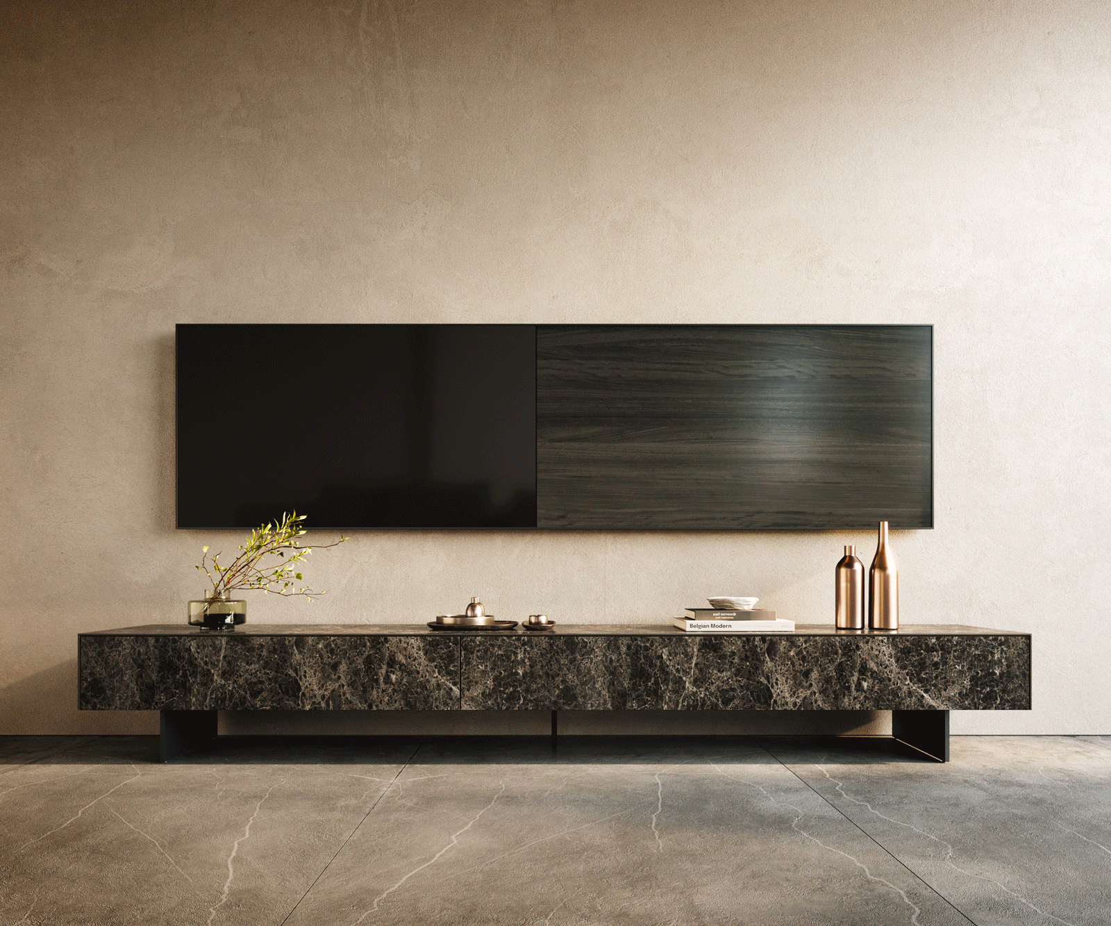 Meuble-TV Cuor 250 cm Céramique Laminam® Emperador Extra Lucidato brun foncé 1 Clapet 1 Tiroir Pied optique flottant Métal Noir 2