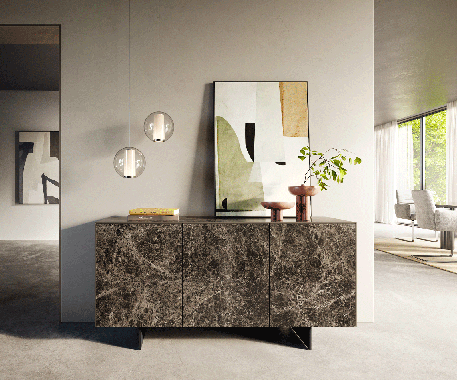 Sideboard Cuor 150 cm Keramik Laminam® Emperador Extra Lucidato Dunkelbraun 3 Türen Fuß Schwebeoptik Metall Schwarz 1